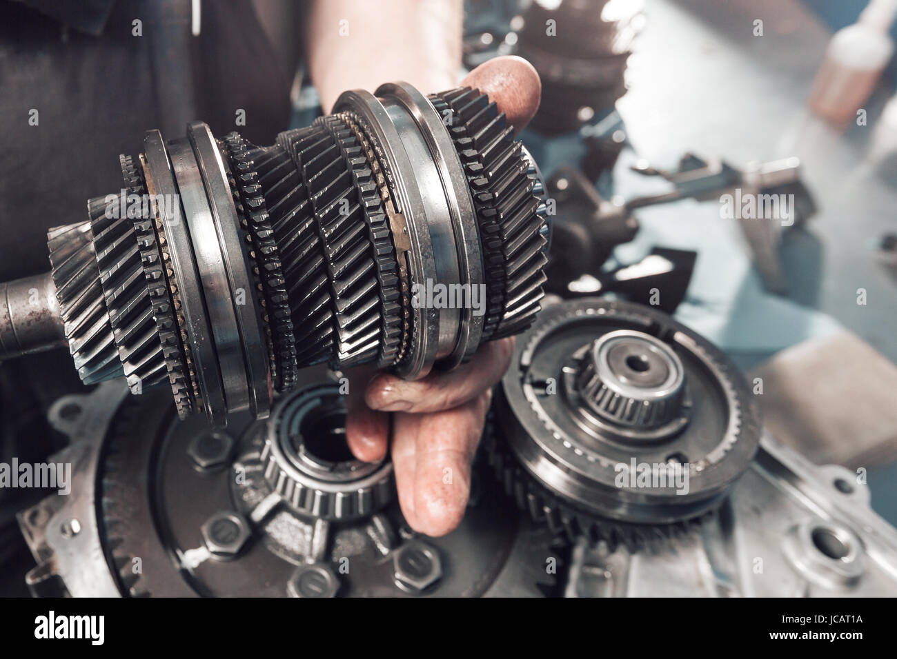 Crosssection of a car gearbox. mechanic work in the garage Stock Photo