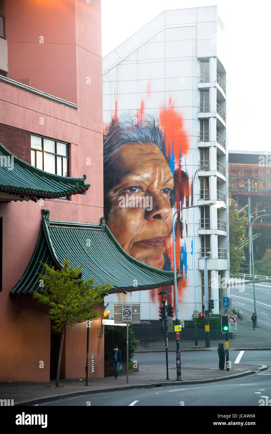 Mural of an Aboriginal face in Haymarket, Sydney, NSW, Australia Stock Photo