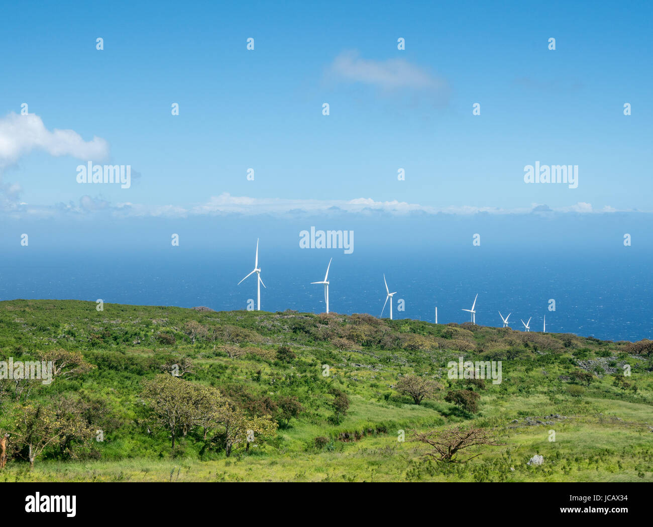 Auwahi wind turbines around the back side of Haleakala on Maui Stock Photo