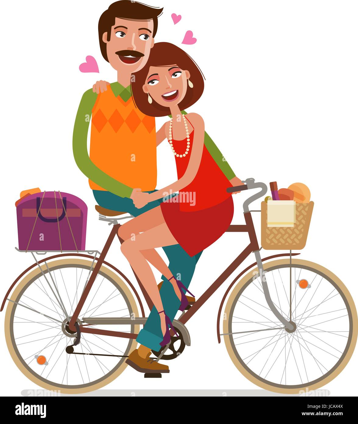 Loving couple riding on picnic by bicycle. Cartoon vector illustration Stock Vector