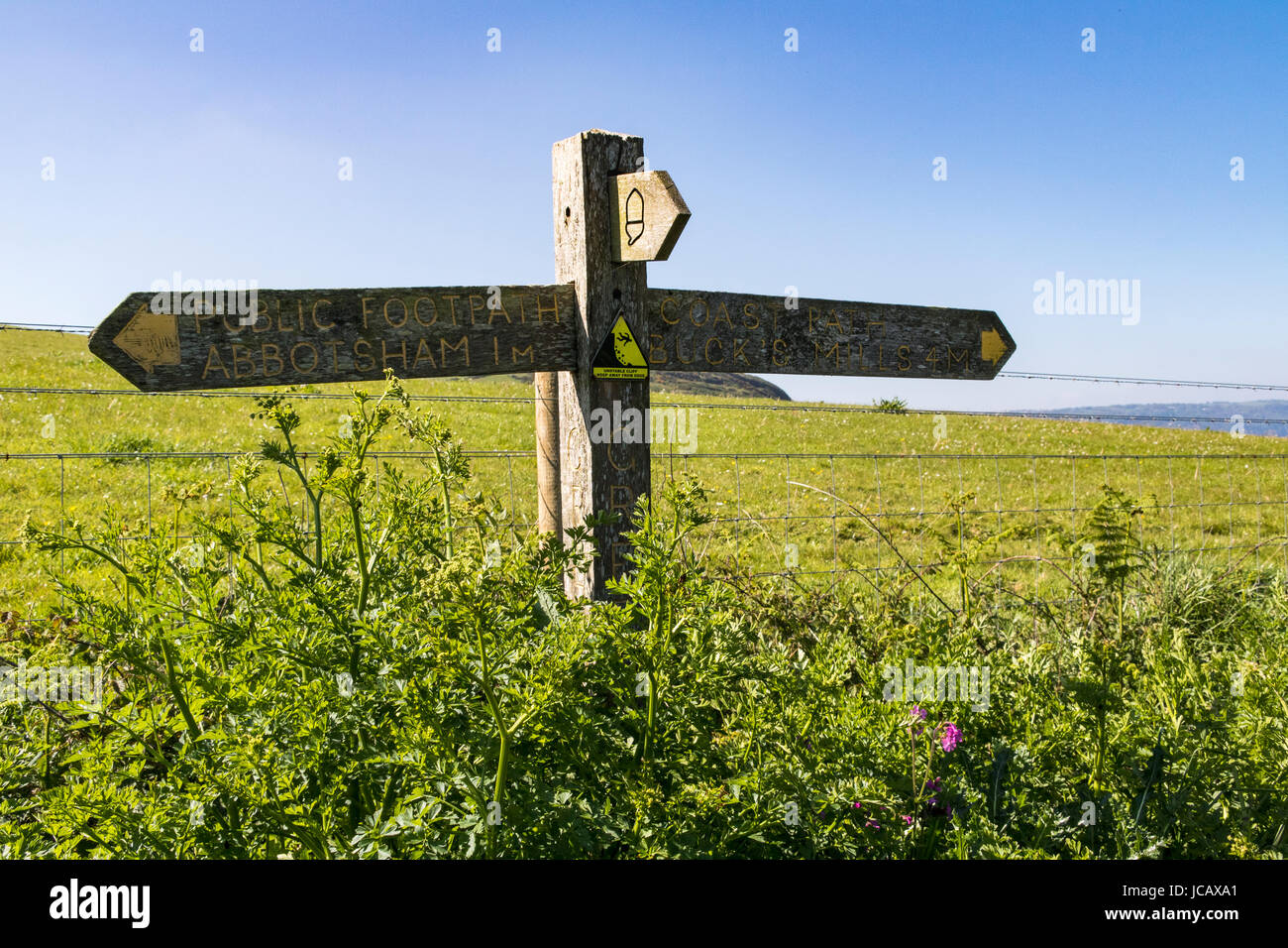 Wooden Signpost to Abbotsham and Bucks Mills on the South West Coast Path, Greencliff Devon, UK. Stock Photo