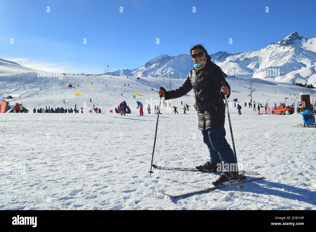 Young woman having fun skiing at Las Leñas ski resort in Mendoza, Argentina Stock Photo