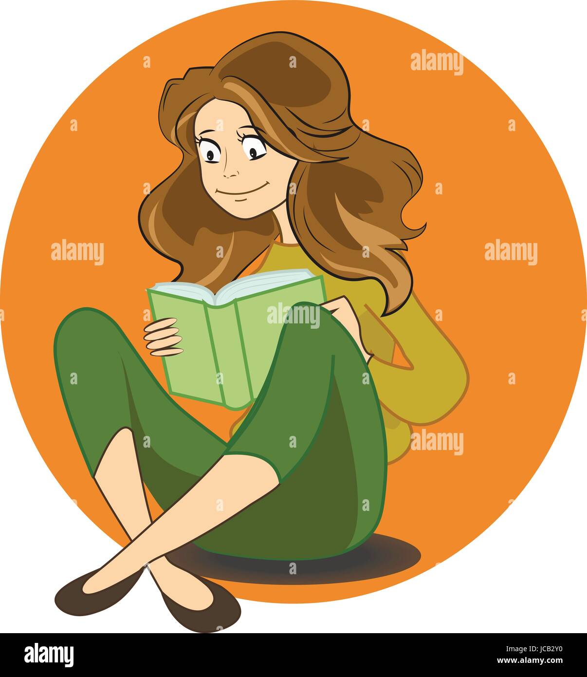 illustration of cartoon cute girl reading book in library Stock Vector