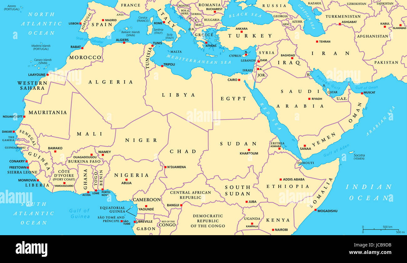North Africa and Middle East political map with most important capitals and international borders. Stock Photo