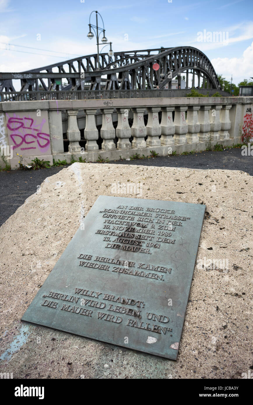 Berlin. Germany. Commemorative plaque on Bornholmer Straße next to Bösebrücke where the first East German border crossing opened it's barriers on the  Stock Photo