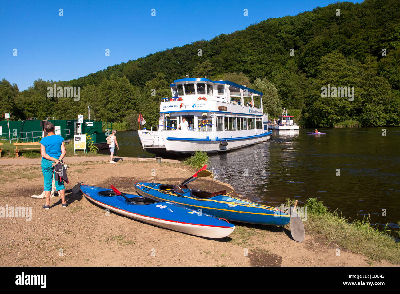 Germany, Ruhr Area, Witten, excursion boat MS Schwalbe on the river Ruhr in Witten-Herbede. Stock Photo