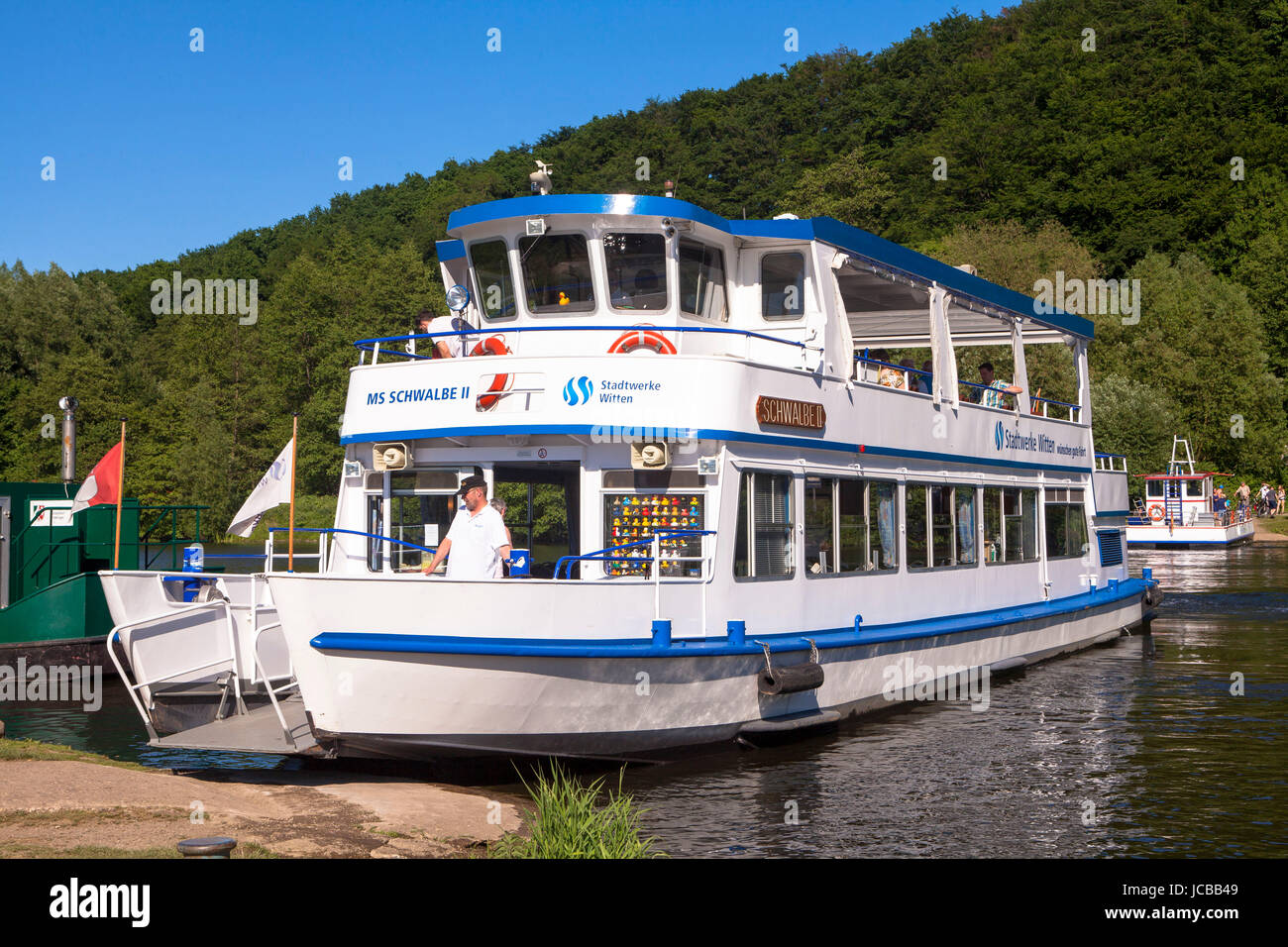 Germany, Ruhr Area, Witten, excursion boat MS Schwalbe on the river Ruhr in Witten-Herbede. Stock Photo
