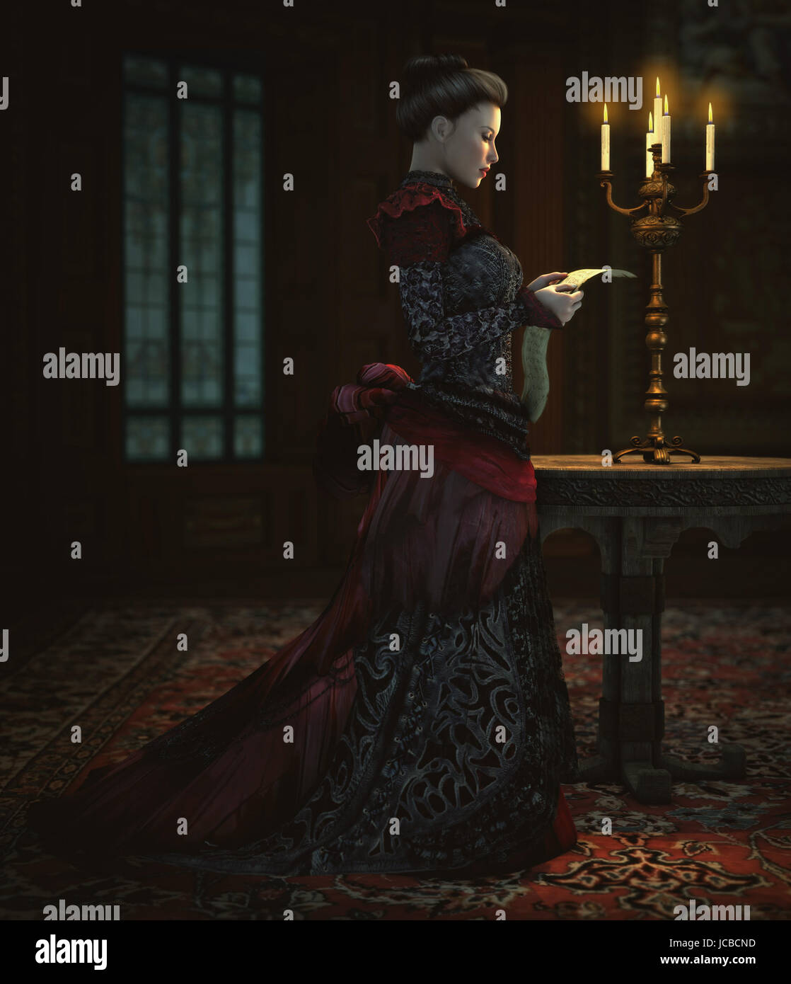 3d computer graphics of a lady in a Victorian dress, reads a letter in candle light Stock Photo