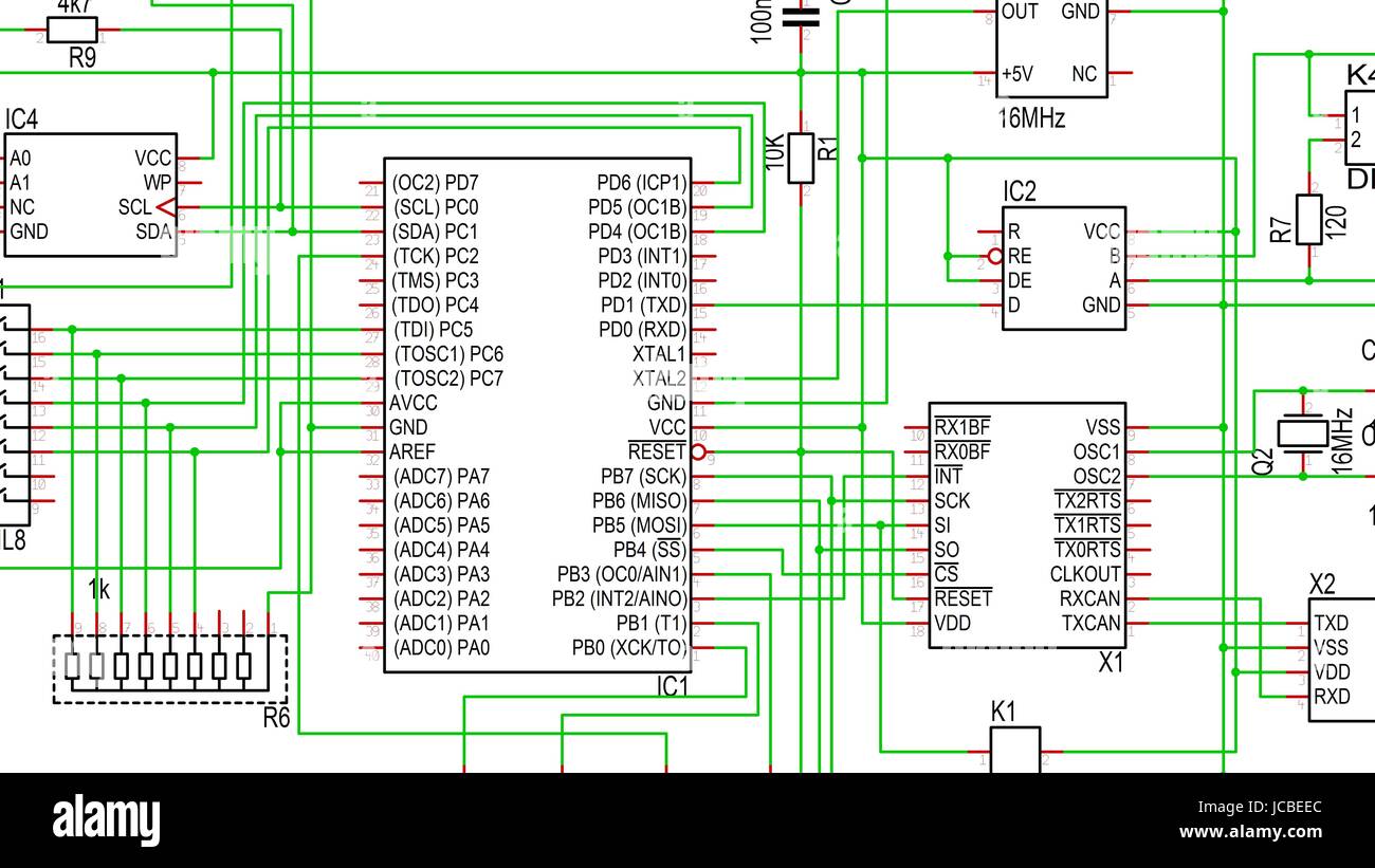Teilansicht eines Schaltplans mit einem Microcontroller und diversen anderen Bauteilen Stock Photo