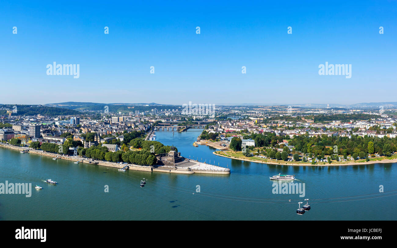 View of the confluence of the Rhine and Moselle rivers from Festung Ehrenbreitstein (Ehrenbreitstein Fortress), Koblenz, Rhineland-Palatinate, Germany Stock Photo