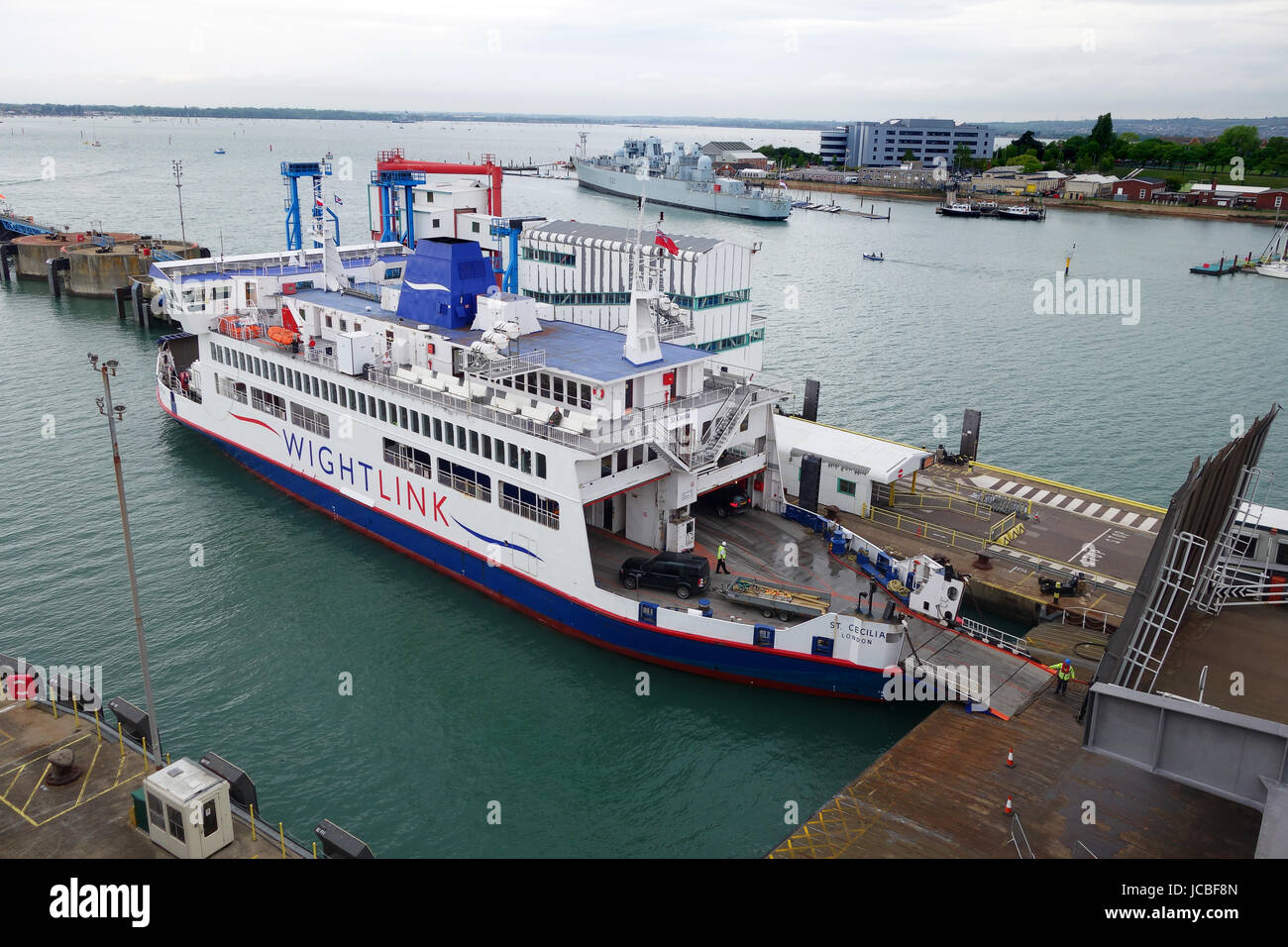Wightlink ferry St Cecilia loading vehicles at Portsmouth harbour port. Stock Photo