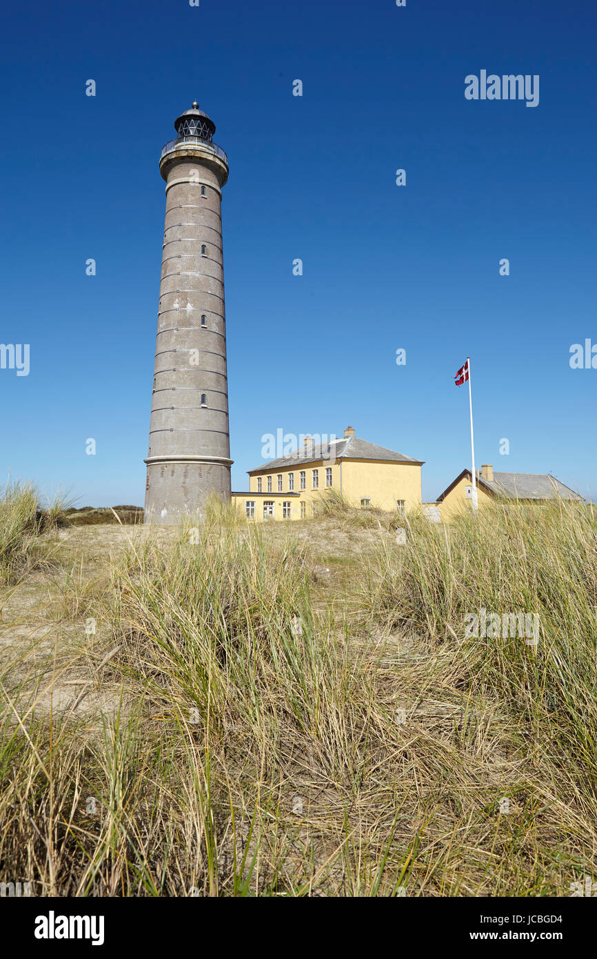 The lighthouse Grenen (called Grey Tower) near Skagen (Denmark, North Jutland) at the junction of Skagerrak (North Sea) and Kattegat (Baltic Sea) is the second highest Danish lighthouse. Stock Photo