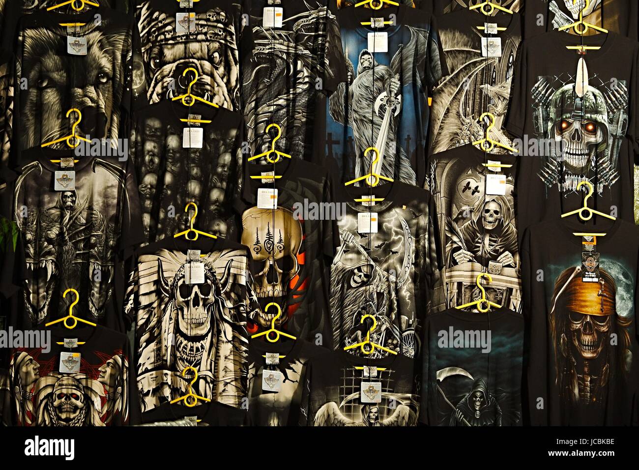 HODONIN, CZECH REPUBLIC - AUGUST 17: T-shirts being sold at a booth at Made of Metal, August 17th 2014. Stock Photo