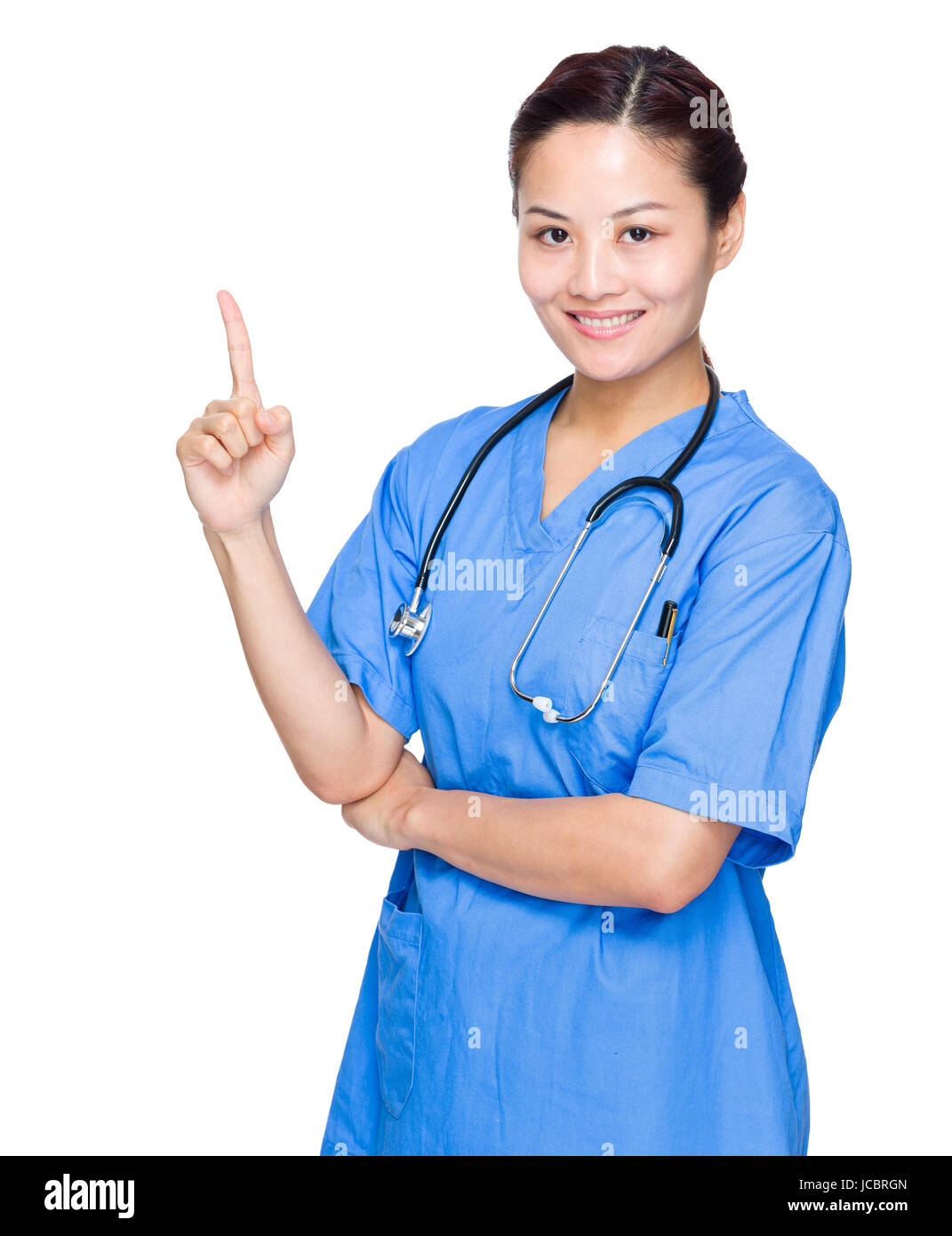 Doctor Point Woman Woman doctor with finger point up Stock Photo - Alamy
