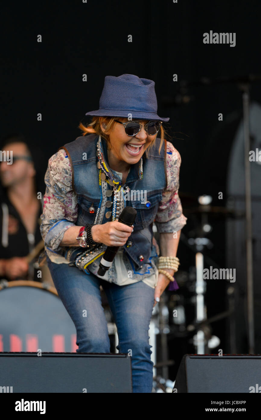 Dundrennan, Scotland, UK - July 24, 2015: Scottish singer Lulu performing on the Summerisle stage at the 14th Wickerman Festival at Dundrennan Stock Photo