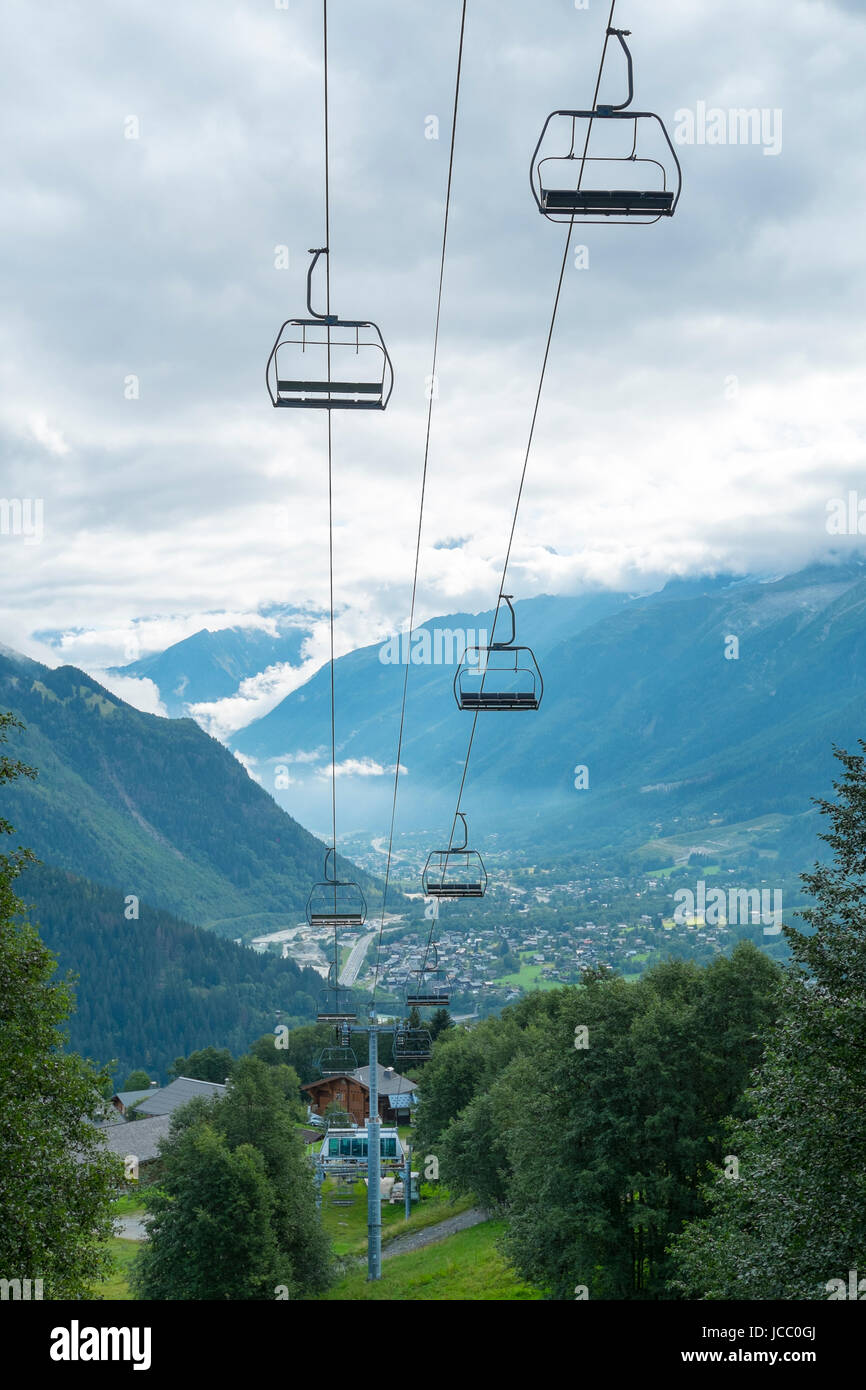 LES HOUCHES, FRANCE AUGUST 23 Low angle shot of alpine air lift with