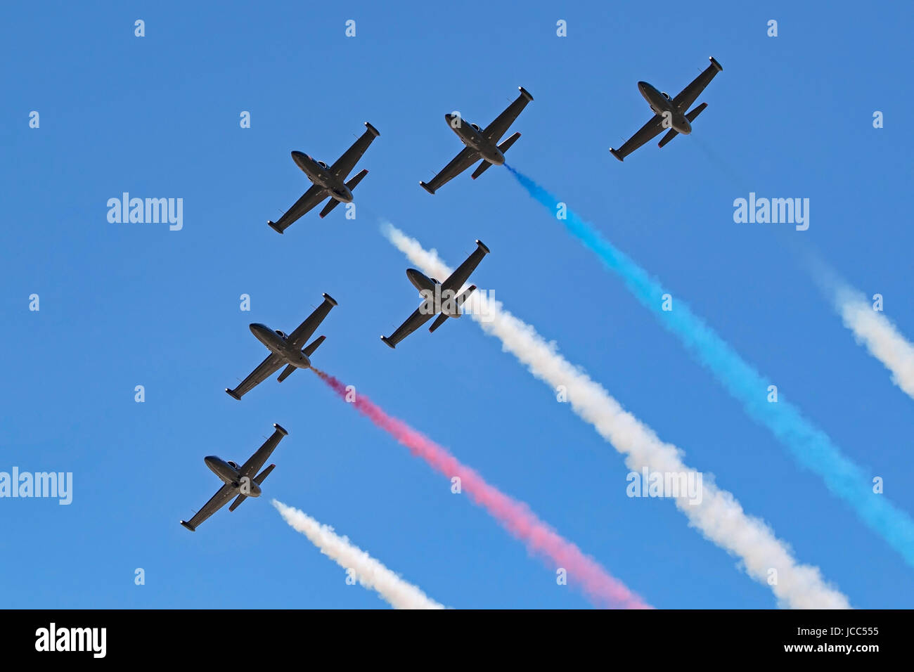 Airplane Patriots Jet Team L-39 Albatross jets perform at air show Stock Photo