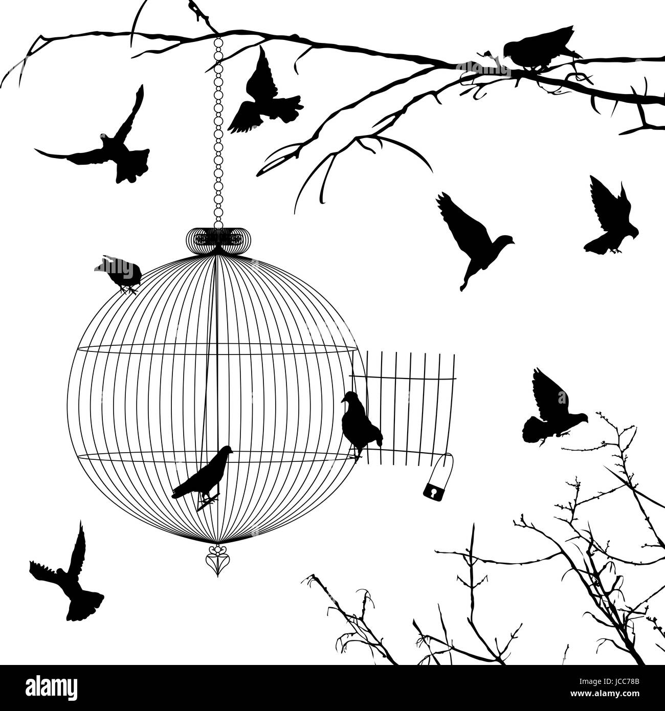 Cage and birds silhouettes over white background Stock Photo