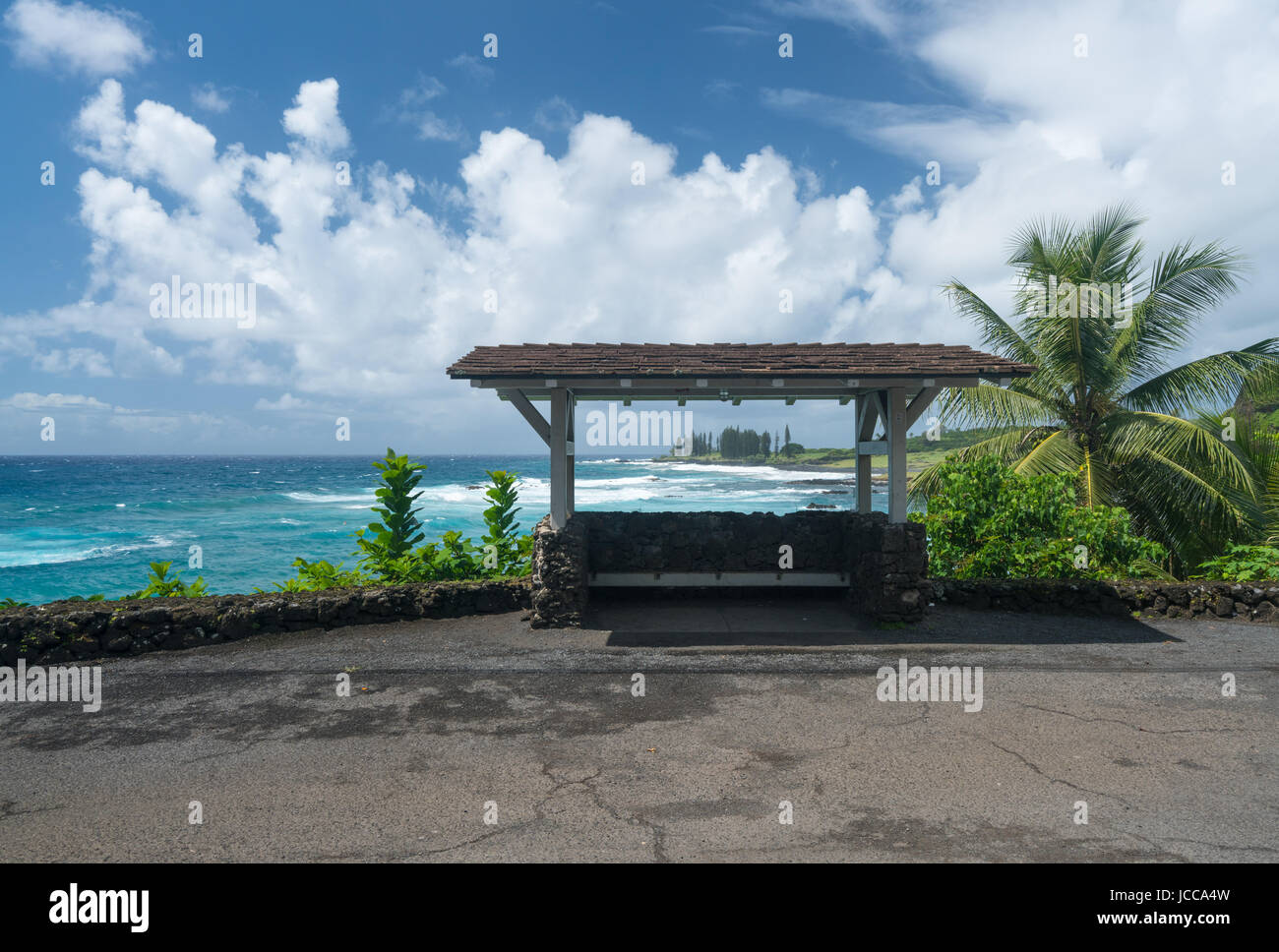 Bus stop by Hamoa Beach near Hana on Hawaiian island of Maui Stock Photo