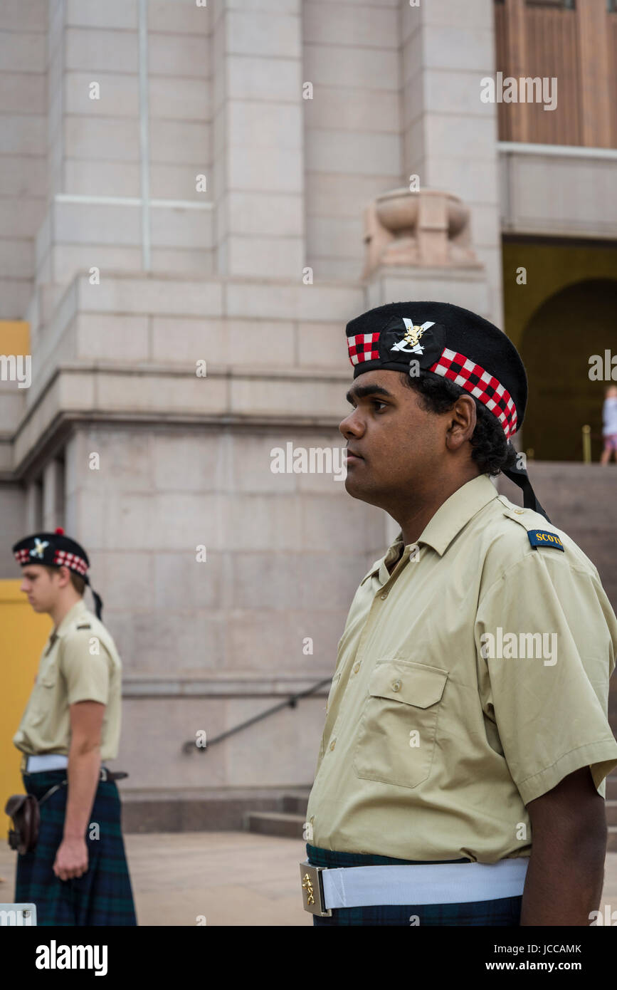 Anzac Day, Aboriginal youth, Ceremony at the Anzac War Memorial in Hyde Park, Sydney, Australia Stock Photo
