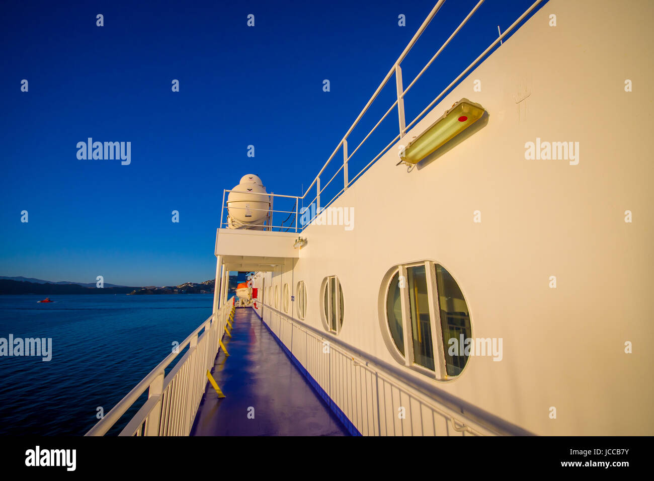 SOUTH ISLAND, NEW ZEALAND- MAY 25, 2017: Beautiful view of Ferries that provide daily connection between North and South islands with a beautiful blue Stock Photo