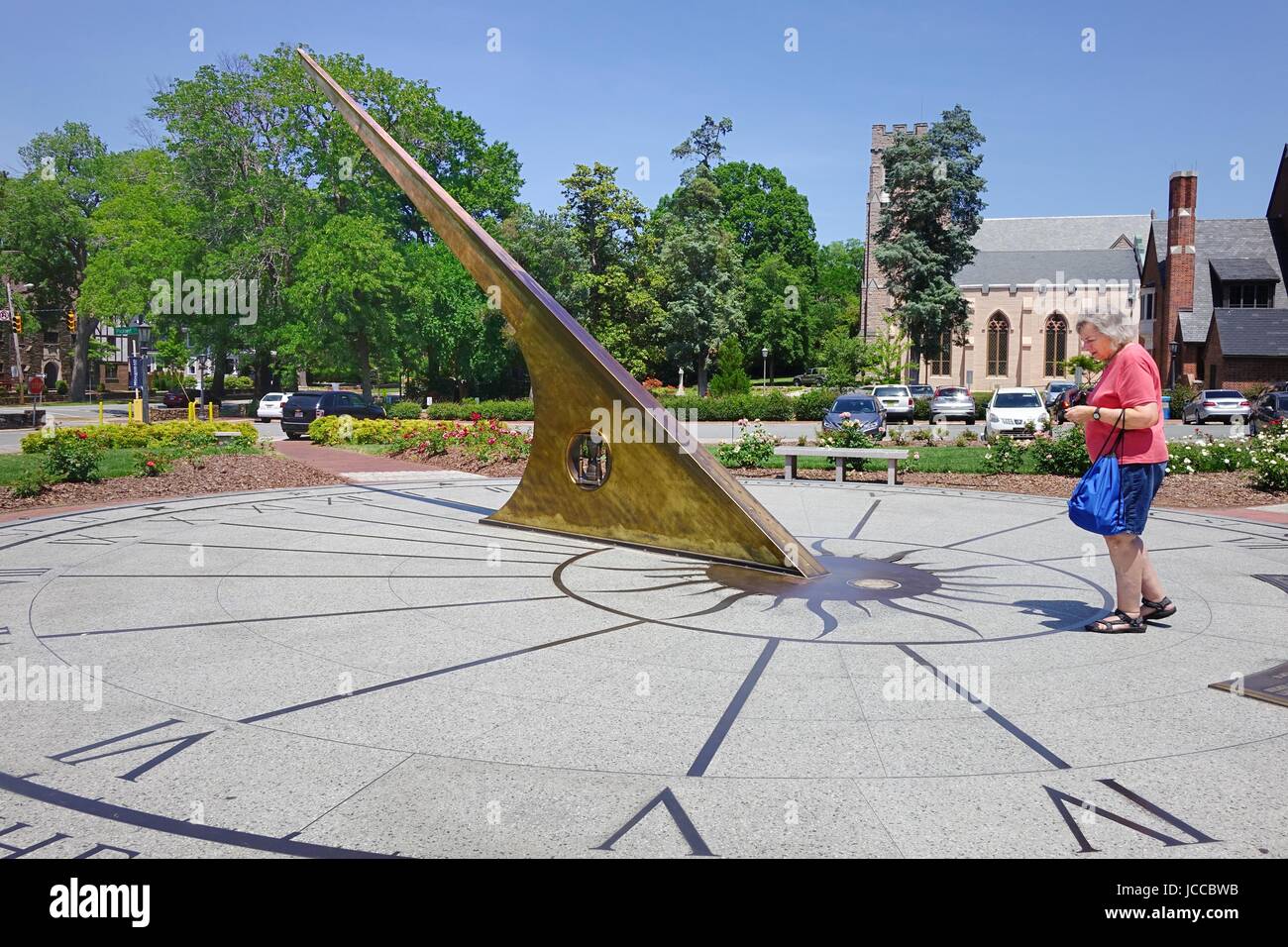 Woman near the Morehead Planetarium Sundial, Unversity of North Carolina, Chapel Hill, North Carolina Stock Photo