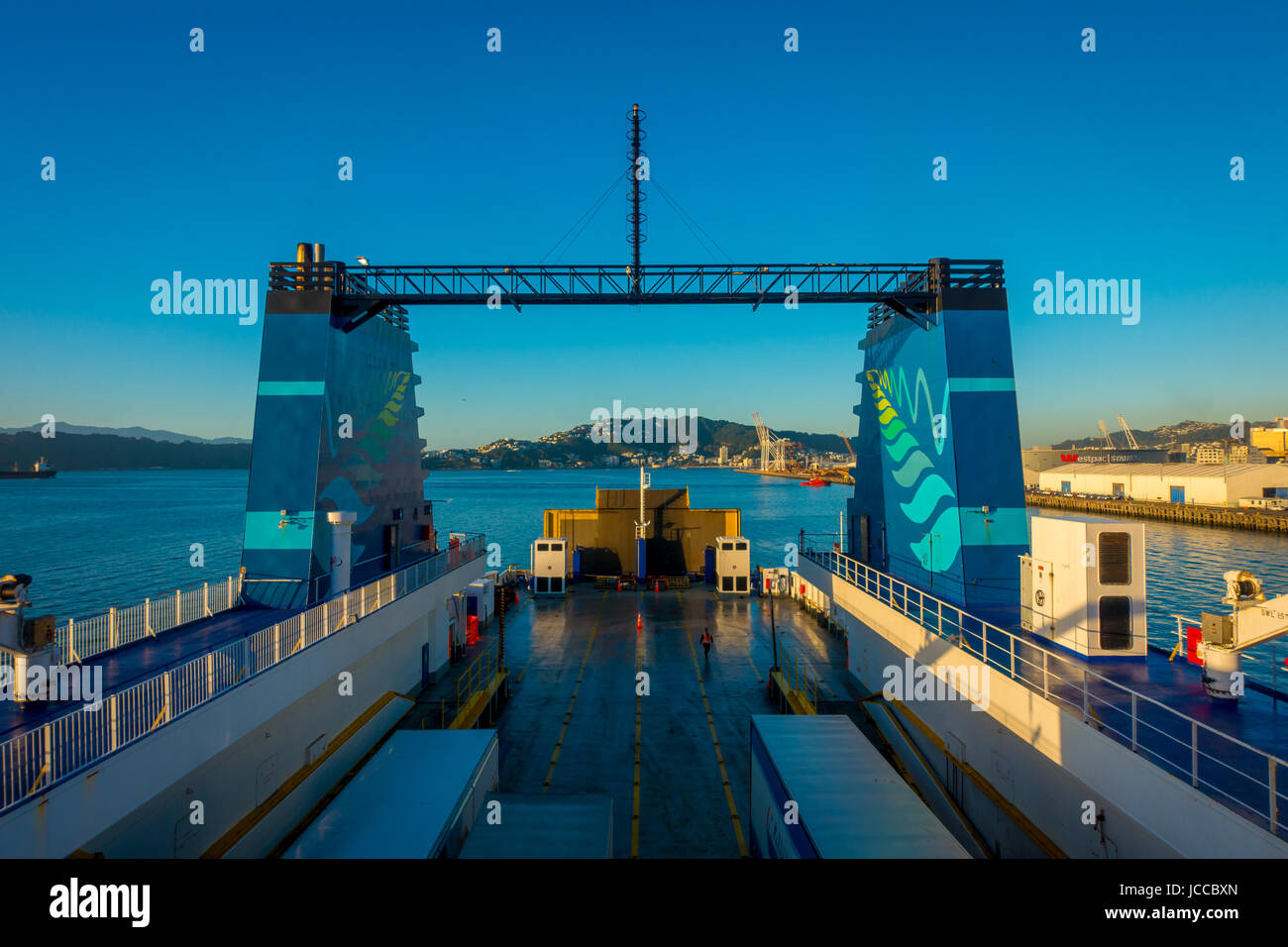 SOUTH ISLAND, NEW ZEALAND- MAY 25, 2017: Ferry at harbour that provide daily connection between North and South islands with a beautiful blue sky loca Stock Photo