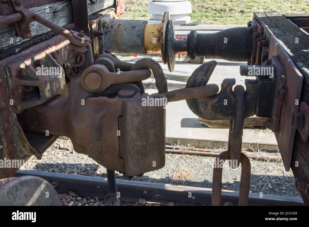 Old Fashioned Chain Linkage of Old Railway Wagons. Stock Photo