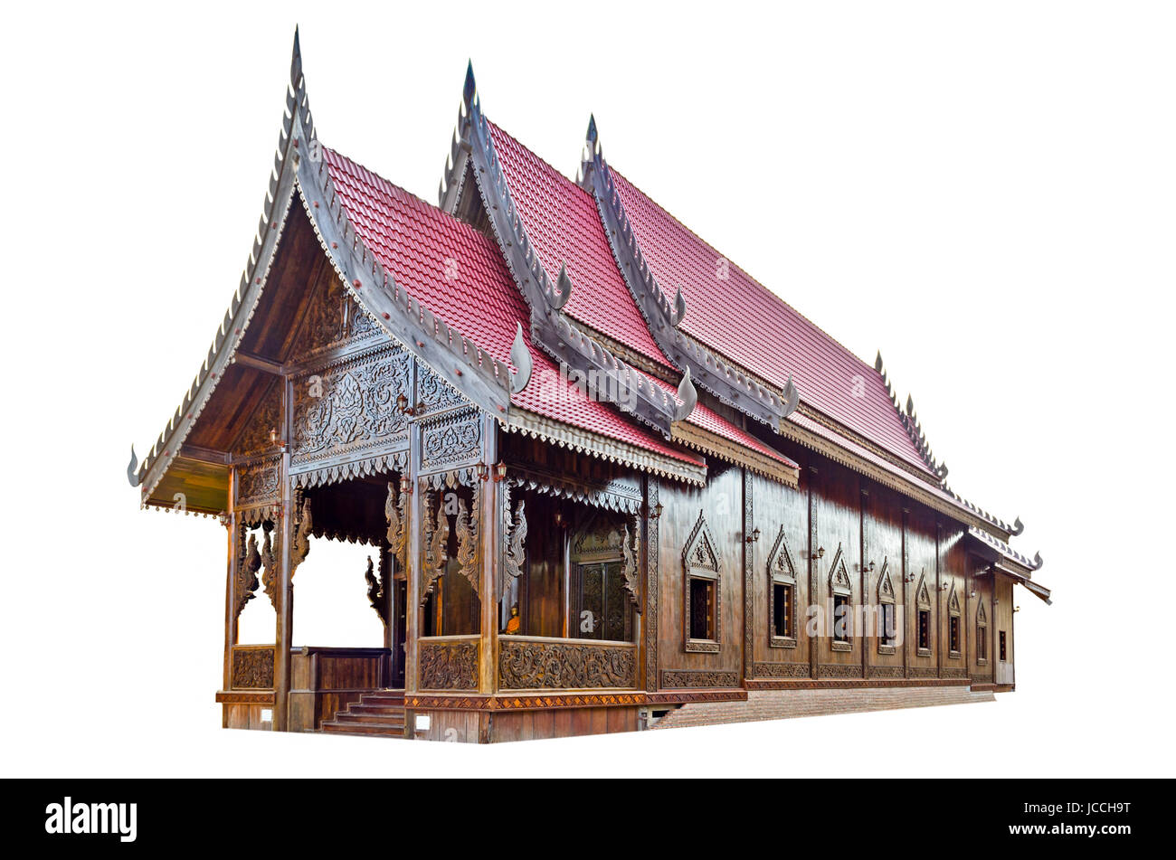 Chapel of Thai temple handmade from palm wood isolated white Stock Photo