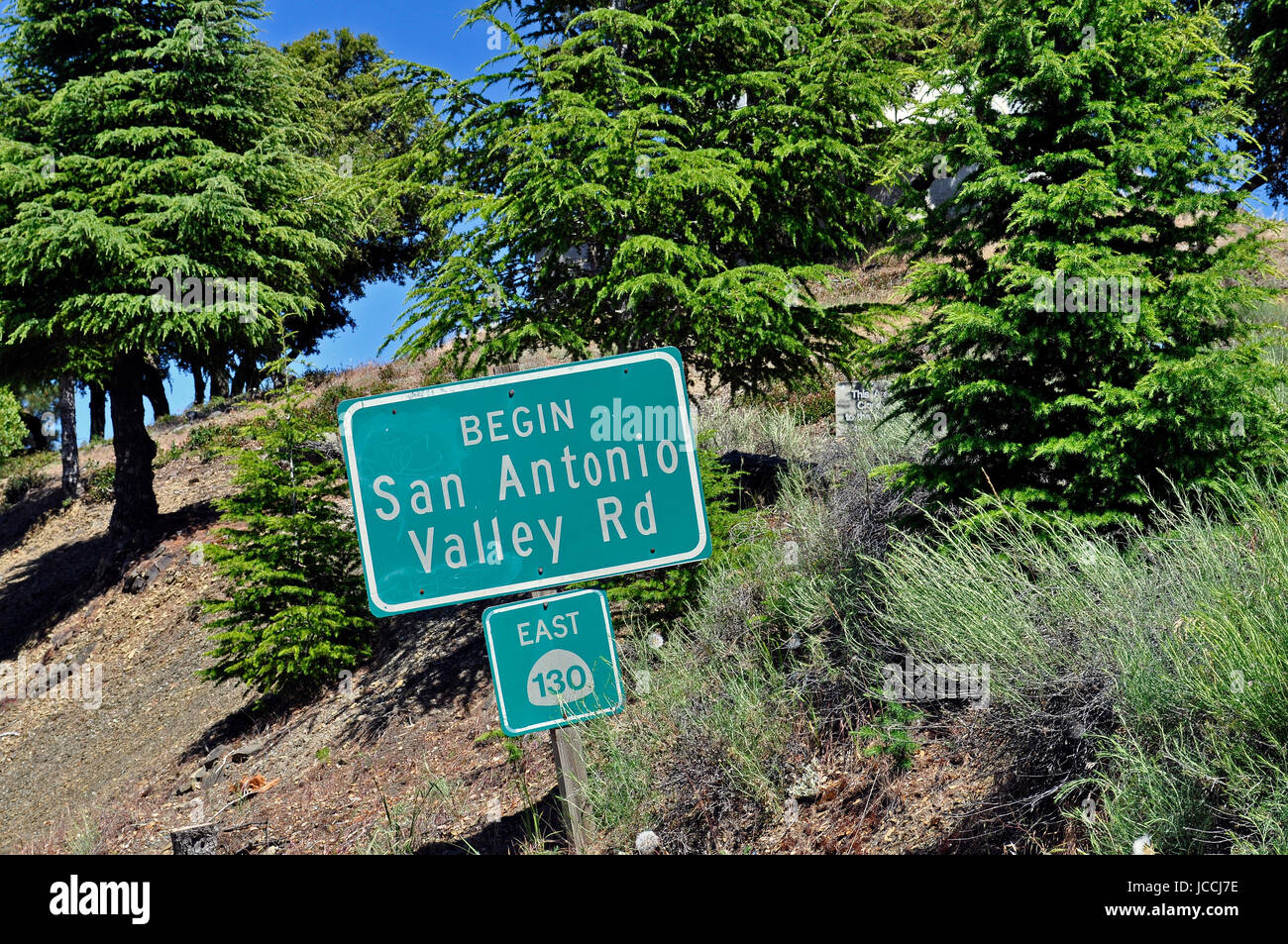 Begin San Antonio Valley Rd, east 130, sign,  Mount Hamilton, California, Santa Clara county, California, Stock Photo