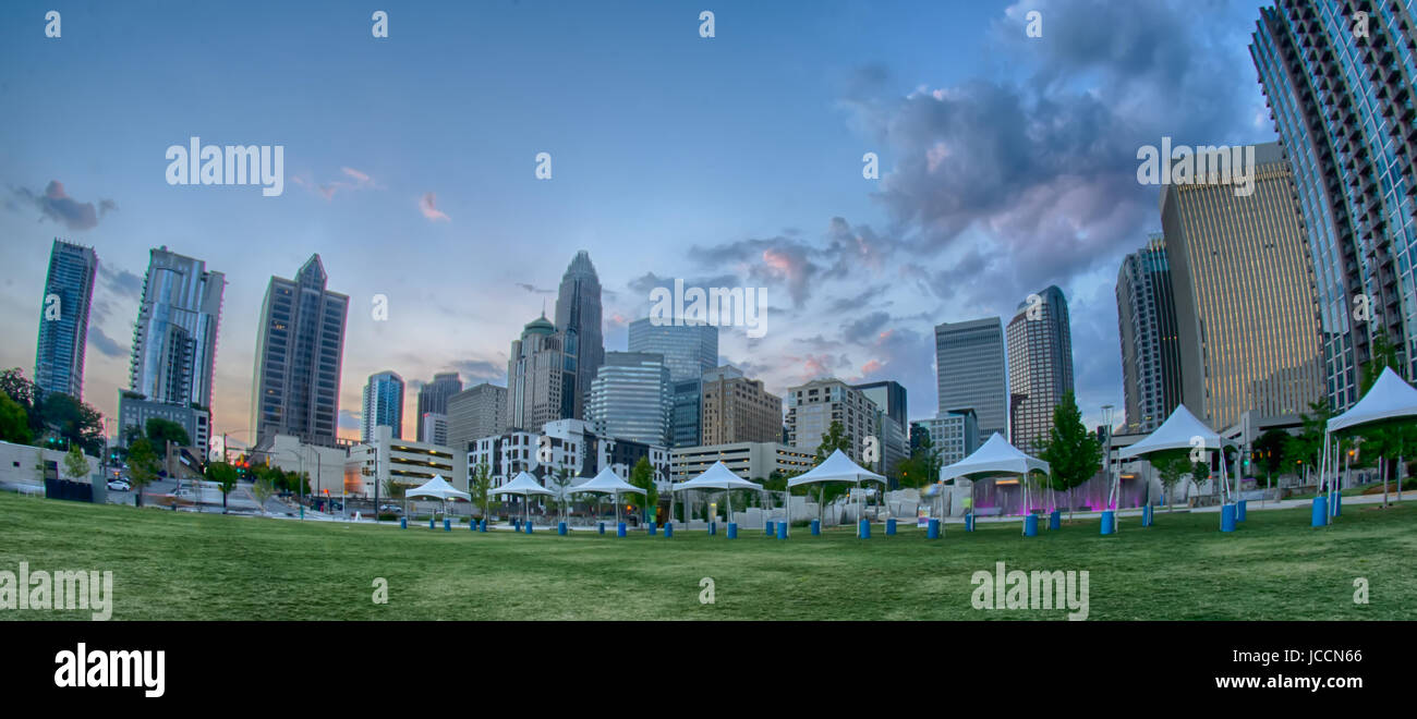 August 29, 2014, Charlotte, NC - view of Charlotte skyline at night near Romare Bearden park in the morning Stock Photo