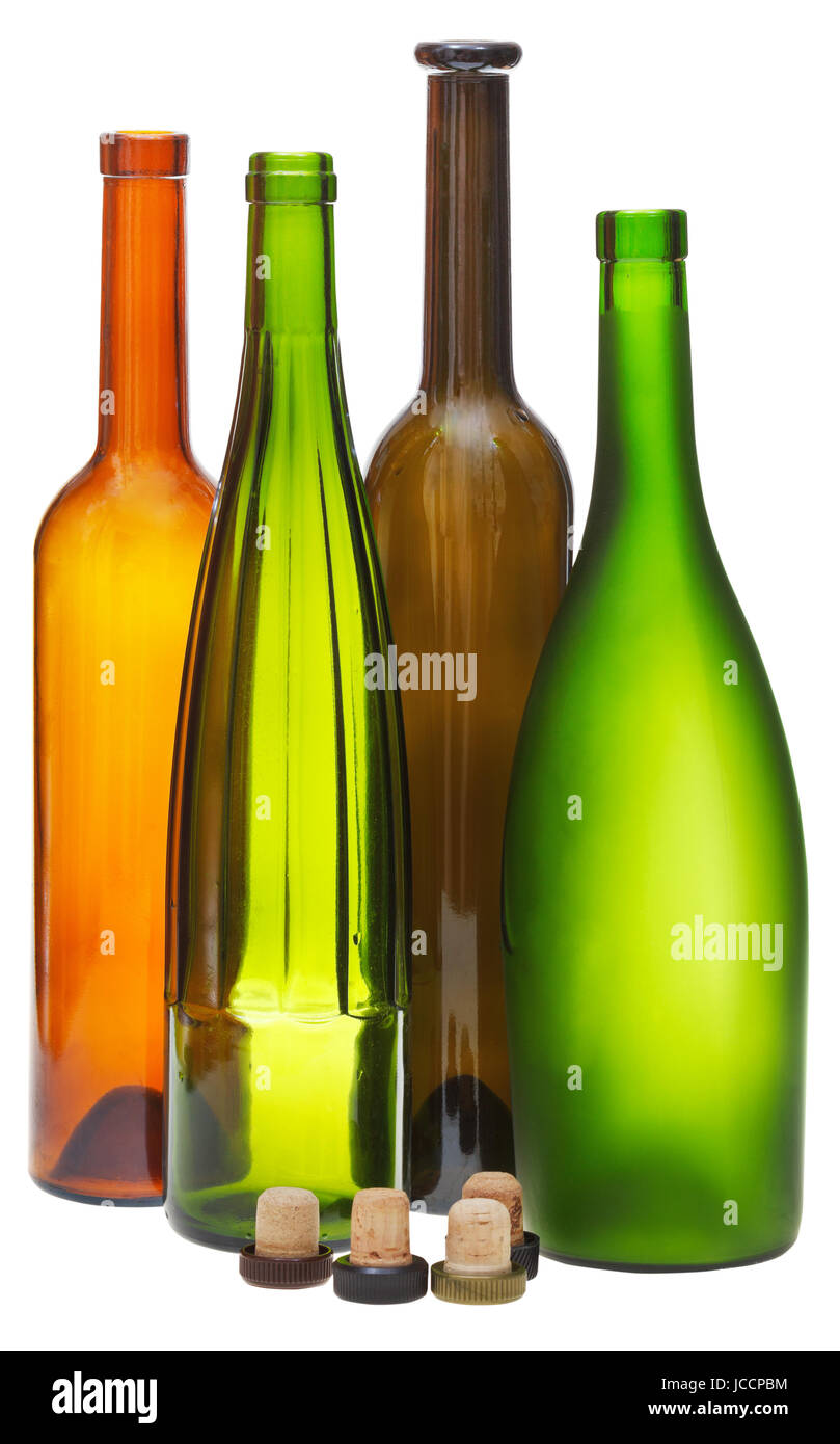 side view of colored empty open wine bottles and cork isolated on white