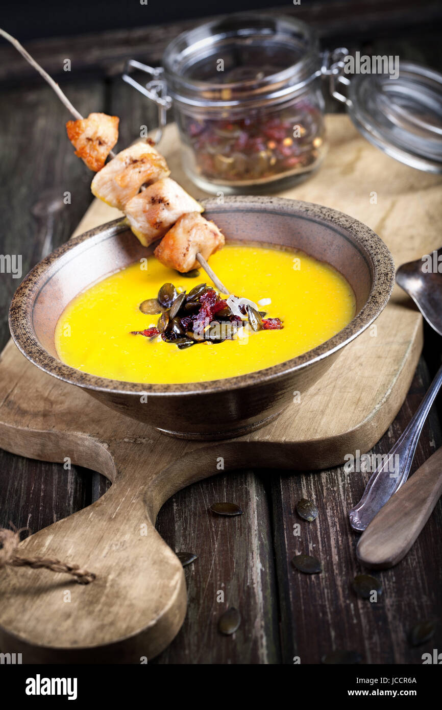 pumpkin soup with chicken Stock Photo