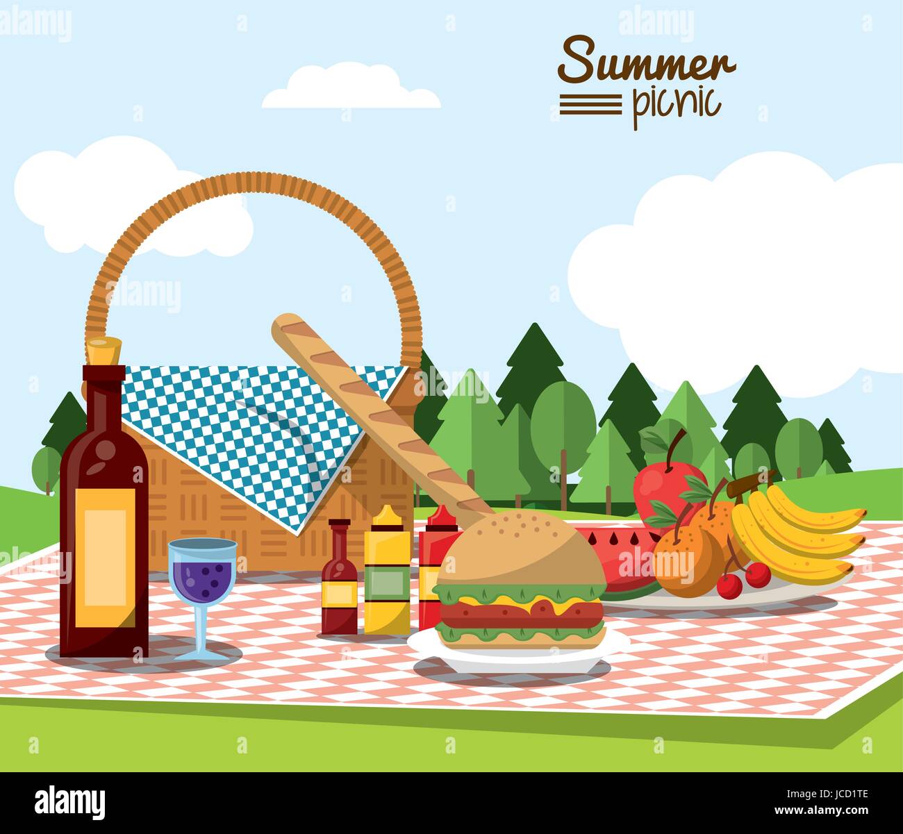 colorful poster of summer picnic with field landscape and picnic basket