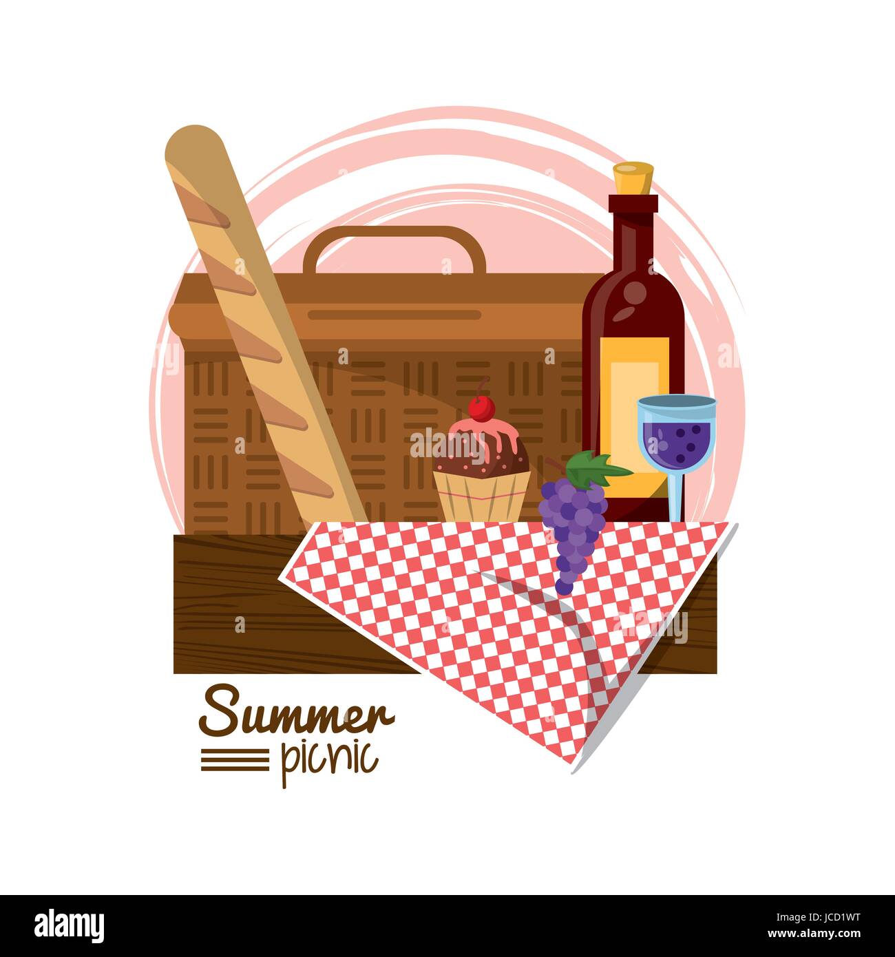 colorful logo summer picnic with picnic basket on table over tablecloth