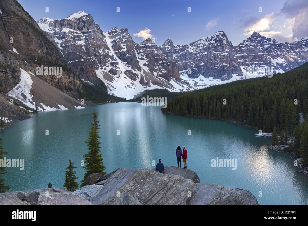 People Looking at Scenic Landscape View of Moraine Lake and Rocky Mountain Peaks. Banff National Park Alberta Canadian Rockies Stock Photo
