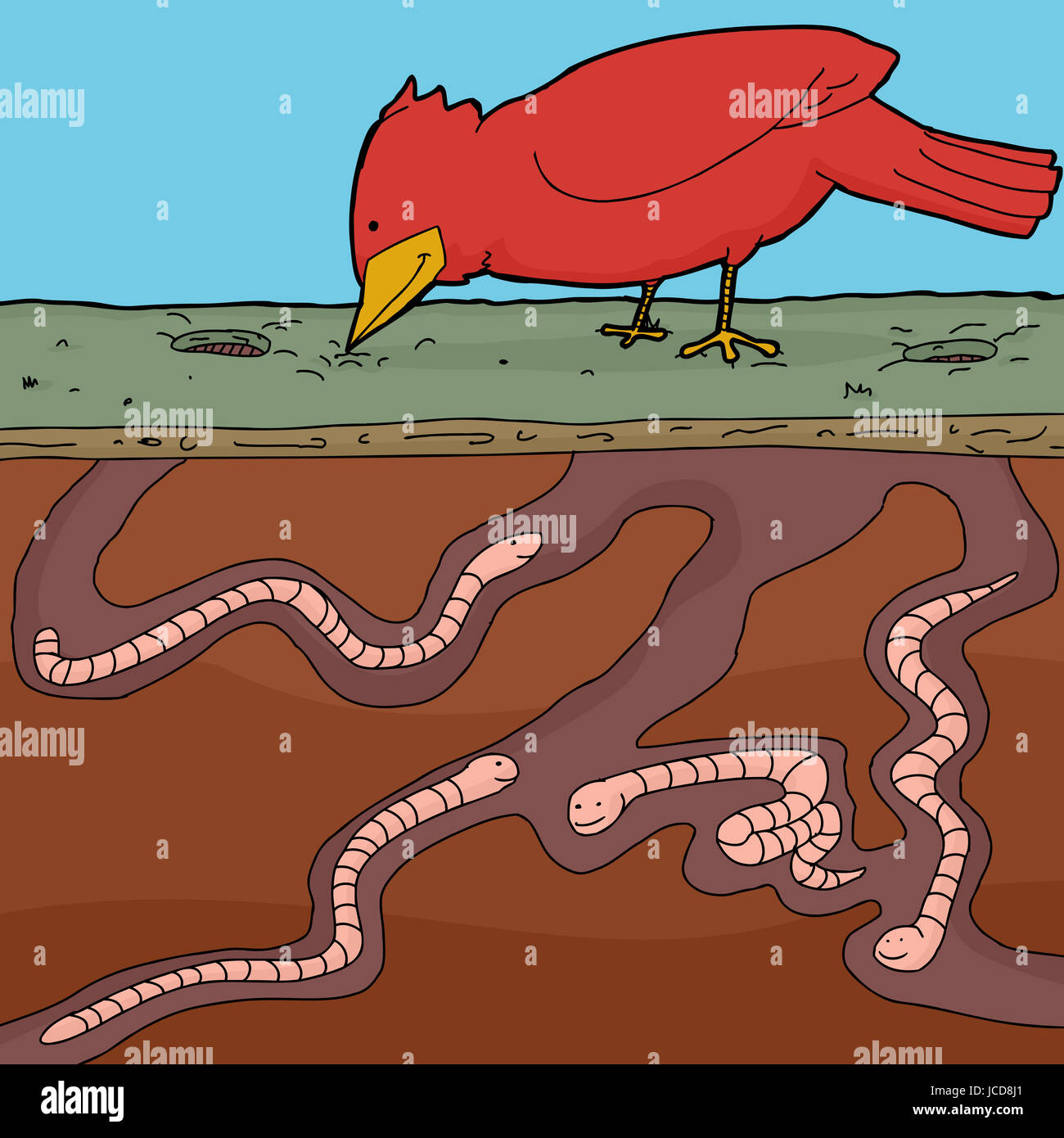 Happy red bird pecking ground with tunnelling earthworms Stock Photo