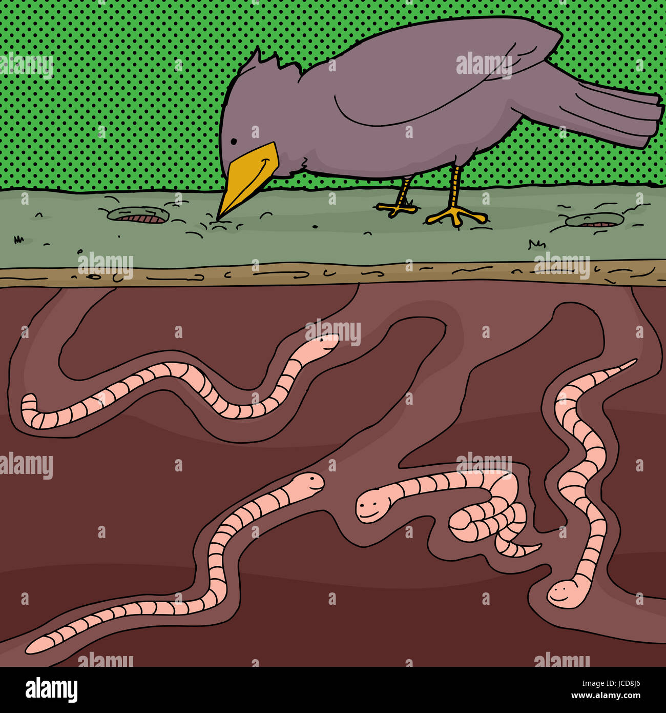 Squirming worms underground with pecking bird cartoon Stock Photo