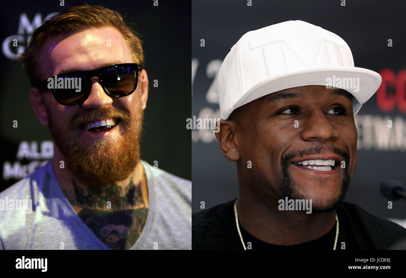 File composite photo of UFC competitor Conor McGregor (left) and Boxer Floyd Mayweather Jnr. Stock Photo