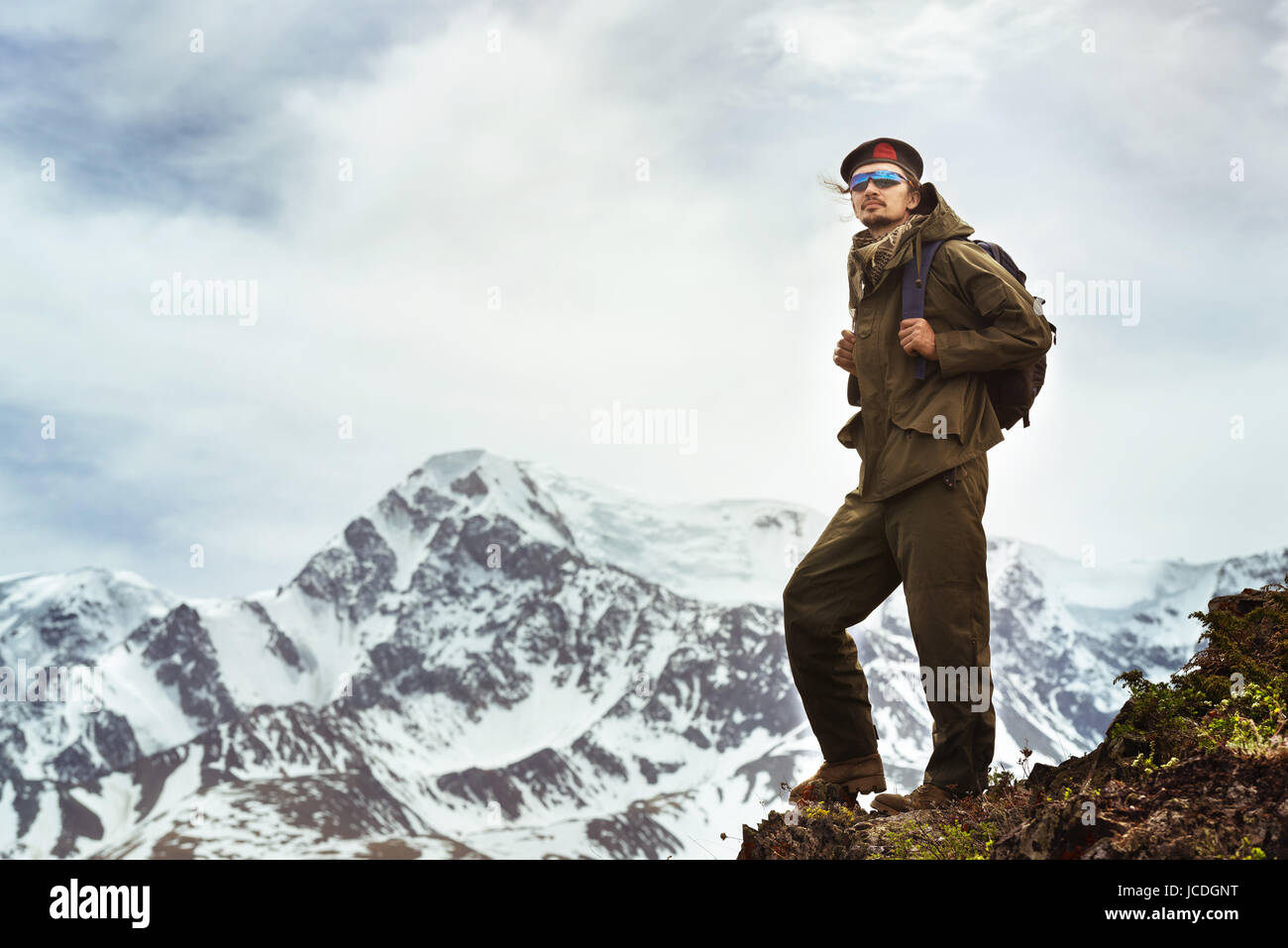 Traveller on mountains top . Travel concept Stock Photo