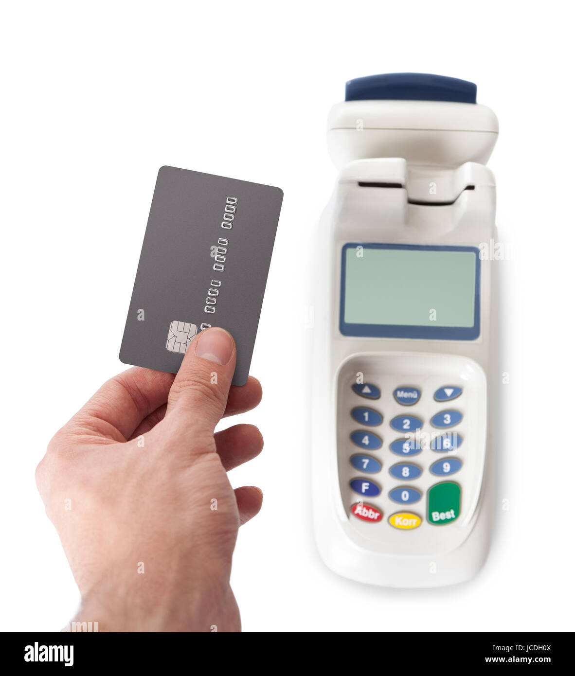 Paying with credit card using bank terminal. Isolated on white Stock ...