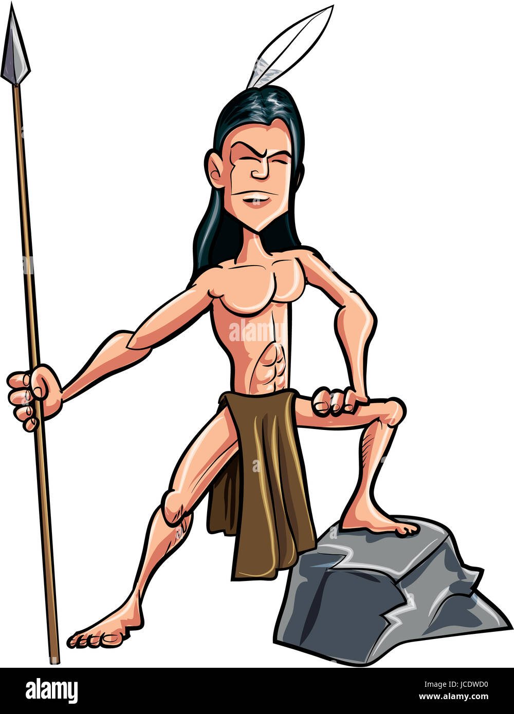 Cartoon American indian brave with a spear. Isolated Stock Photo