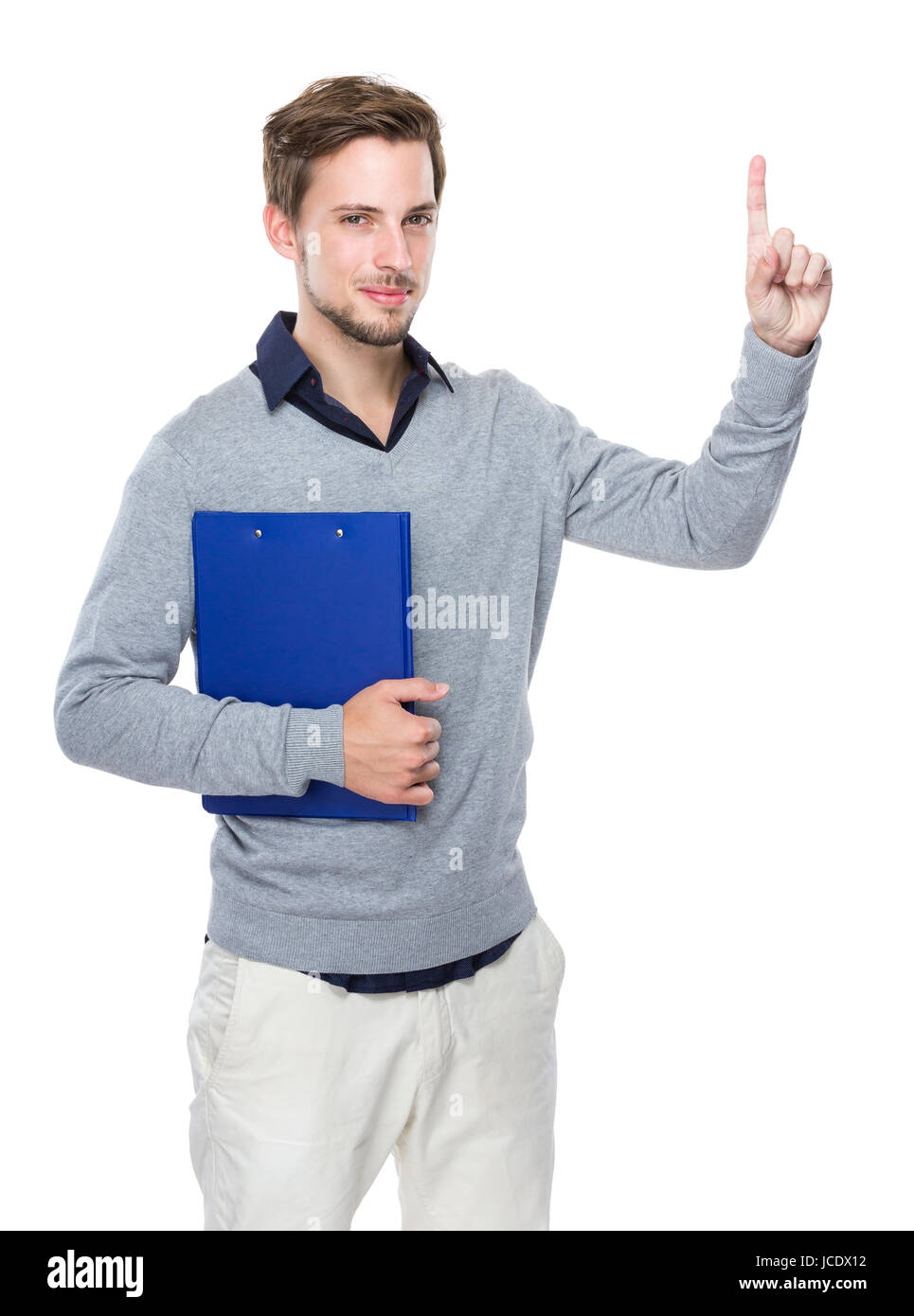 Man with clipboard and finger point up Stock Photo - Alamy