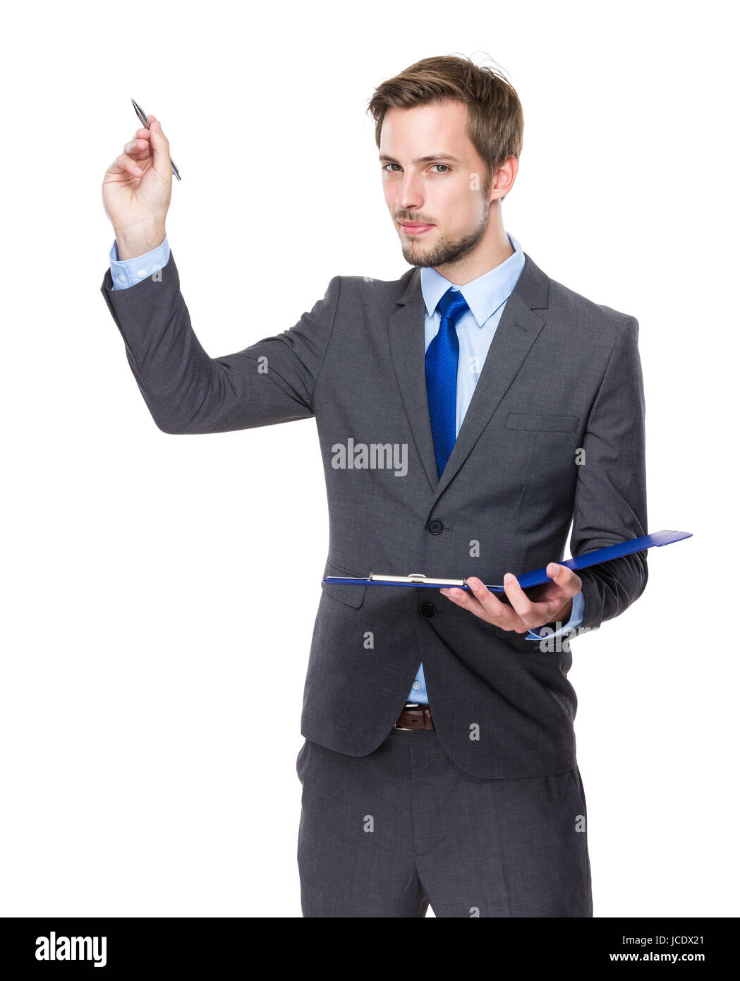 Businessman hold clipboard and pen write on air Stock Photo - Alamy