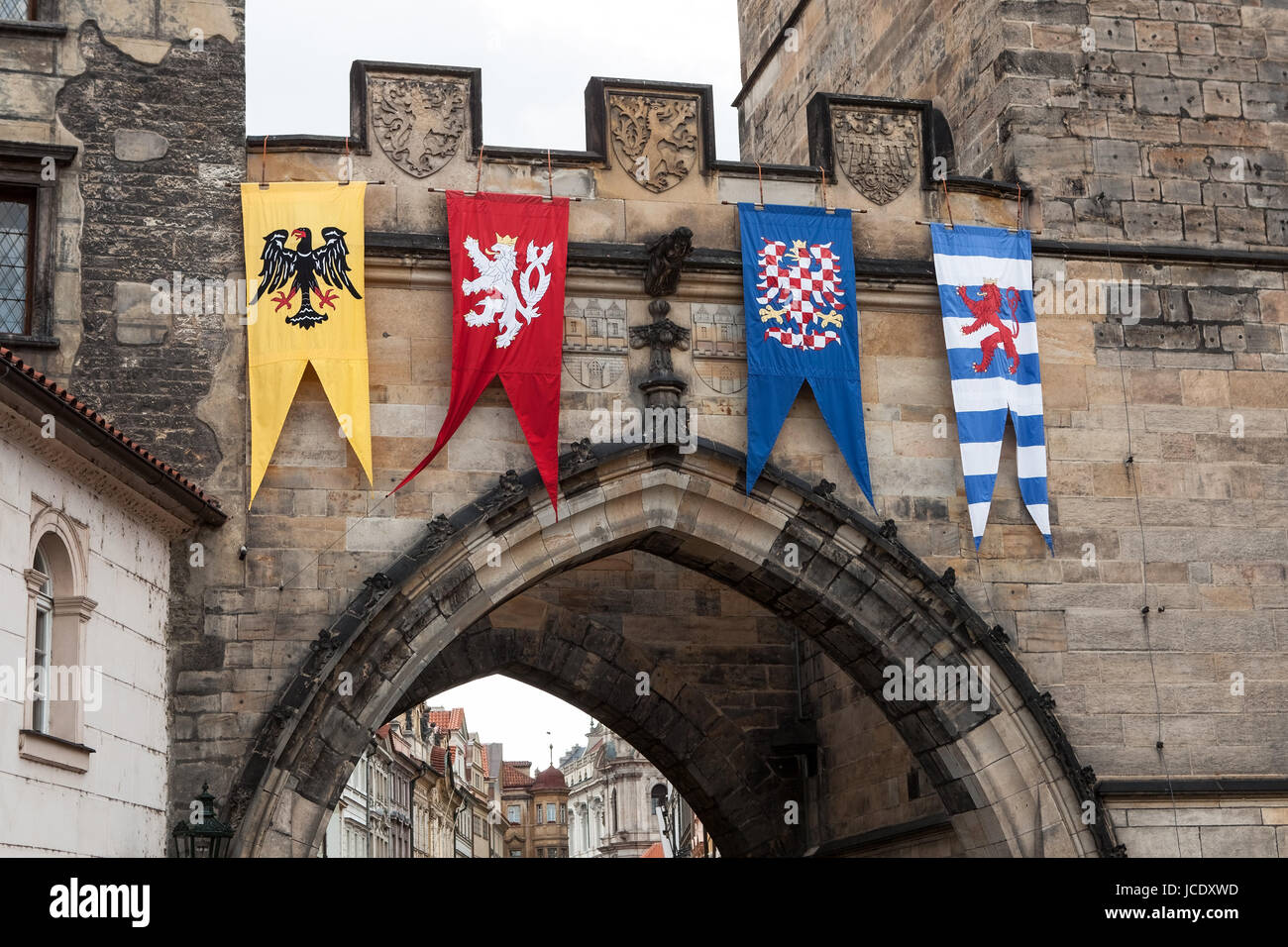 Medieval flags of Old Town bridge tower, Charles bridge, Prague Stock Photo  - Alamy