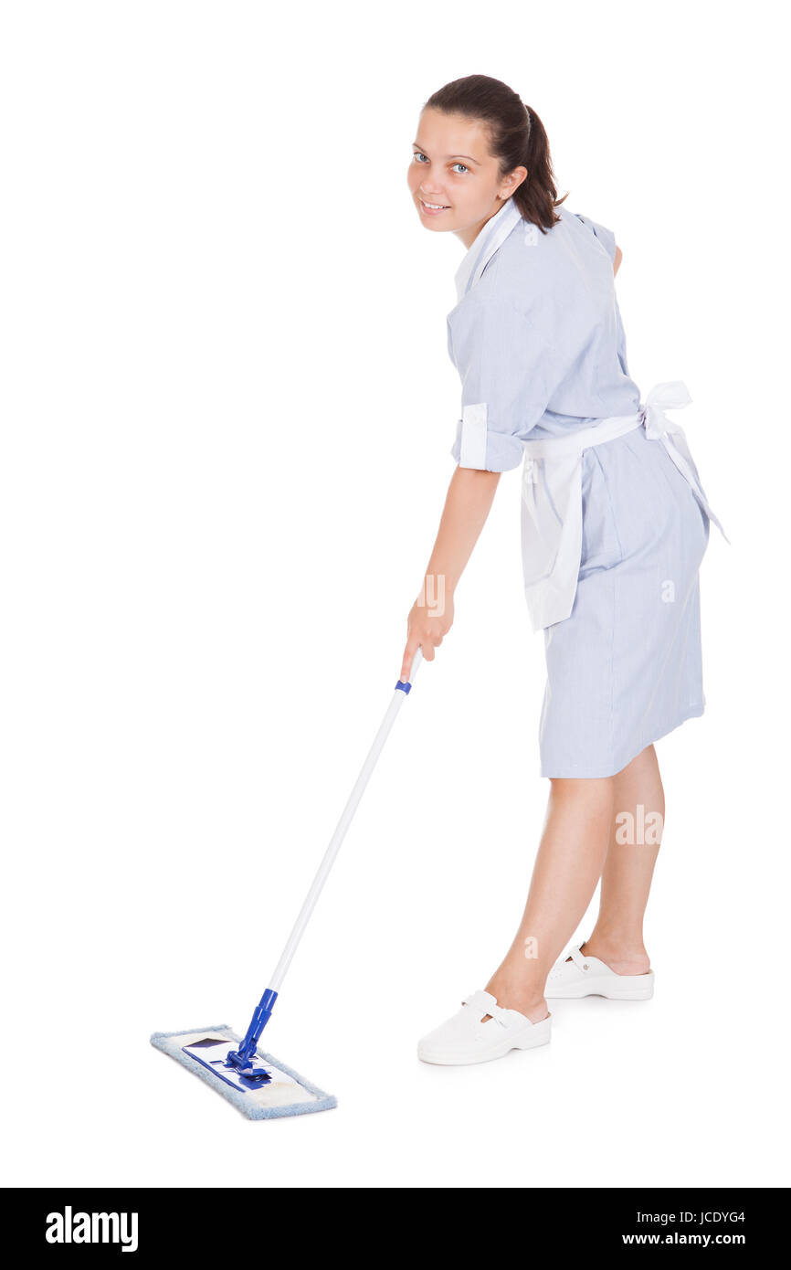 Young Maid Cleaning Floor With Mop on white background Stock Photo - Alamy