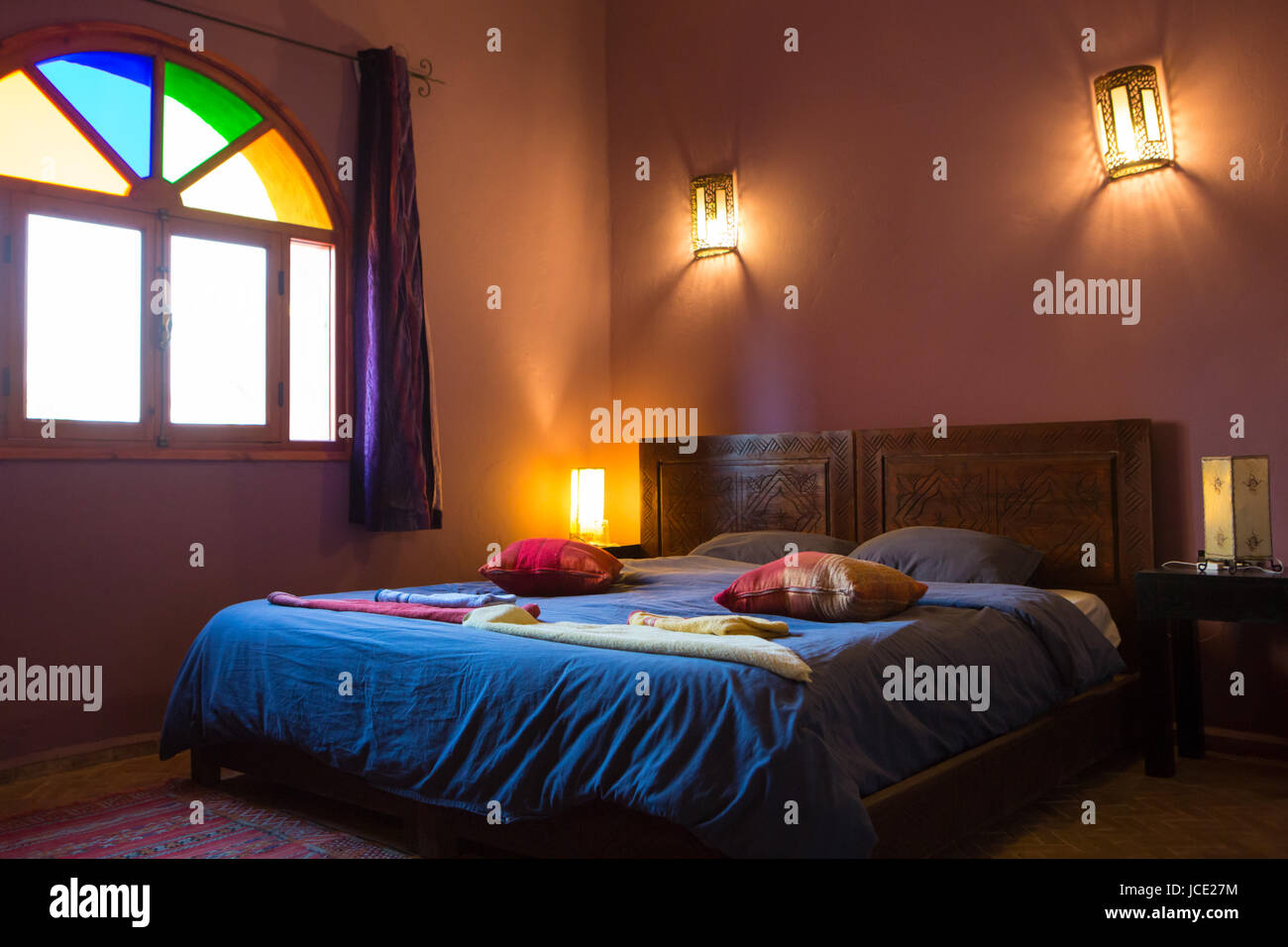 Beautiful authentic arabic bedroom in a traditional Moroccan riad (guesthouse). Essaouira ...