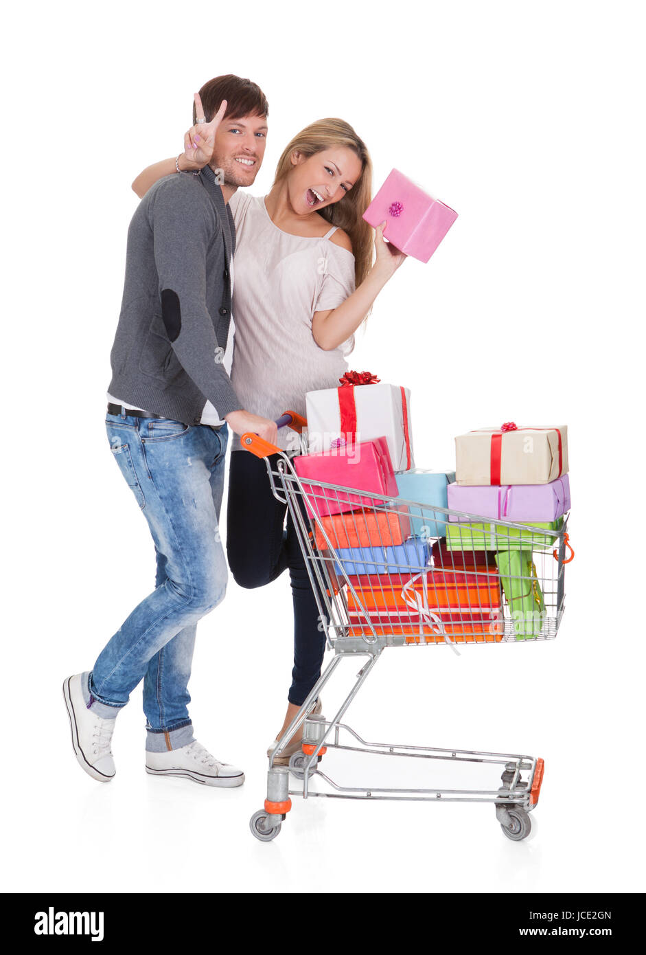 Best friends shop valuable gifts for christmas presents. Isolated on