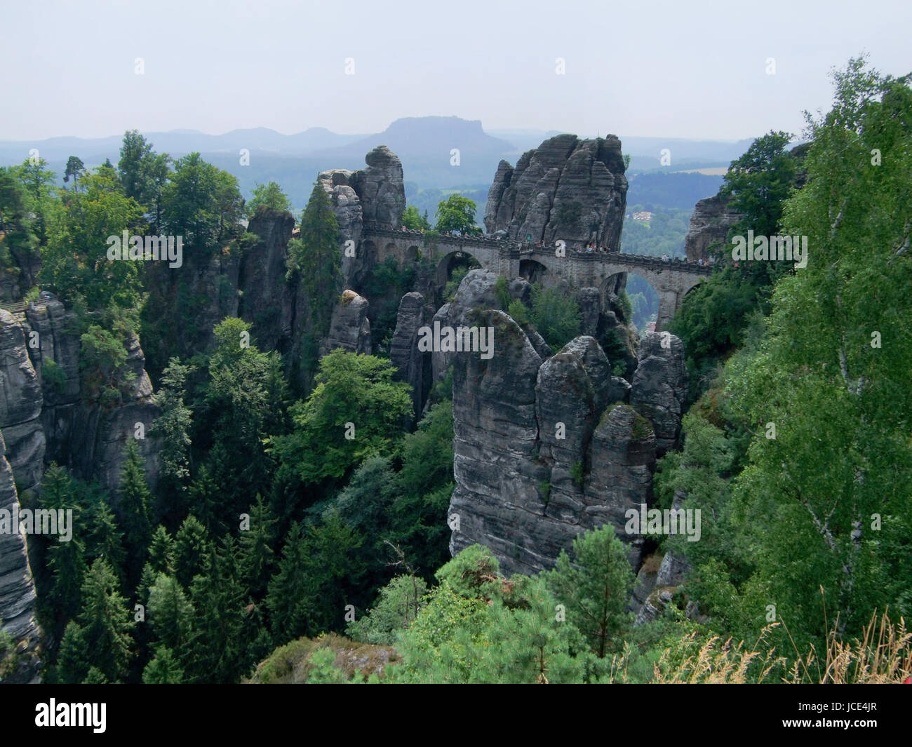 German area in Saxony named Saxon Switzerland. It is a climbing area and national park around the Elbe valley. Stock Photo