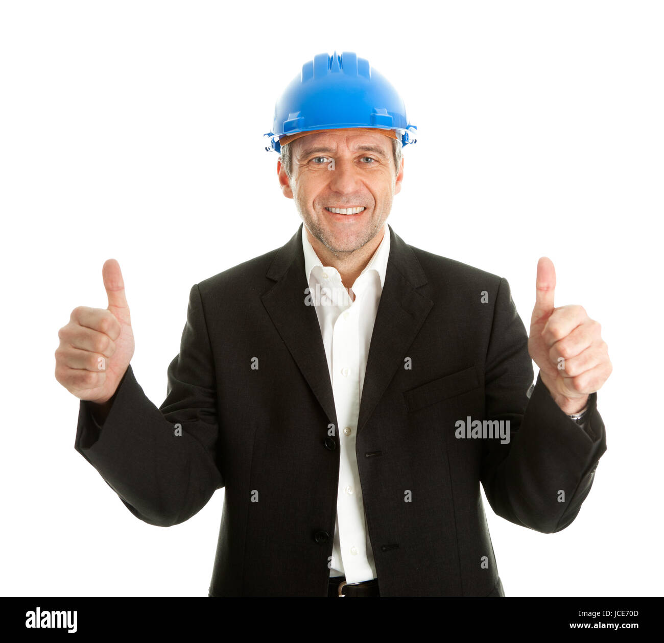 Portrait of successfull architect wearing blue hard hat. Isolated on